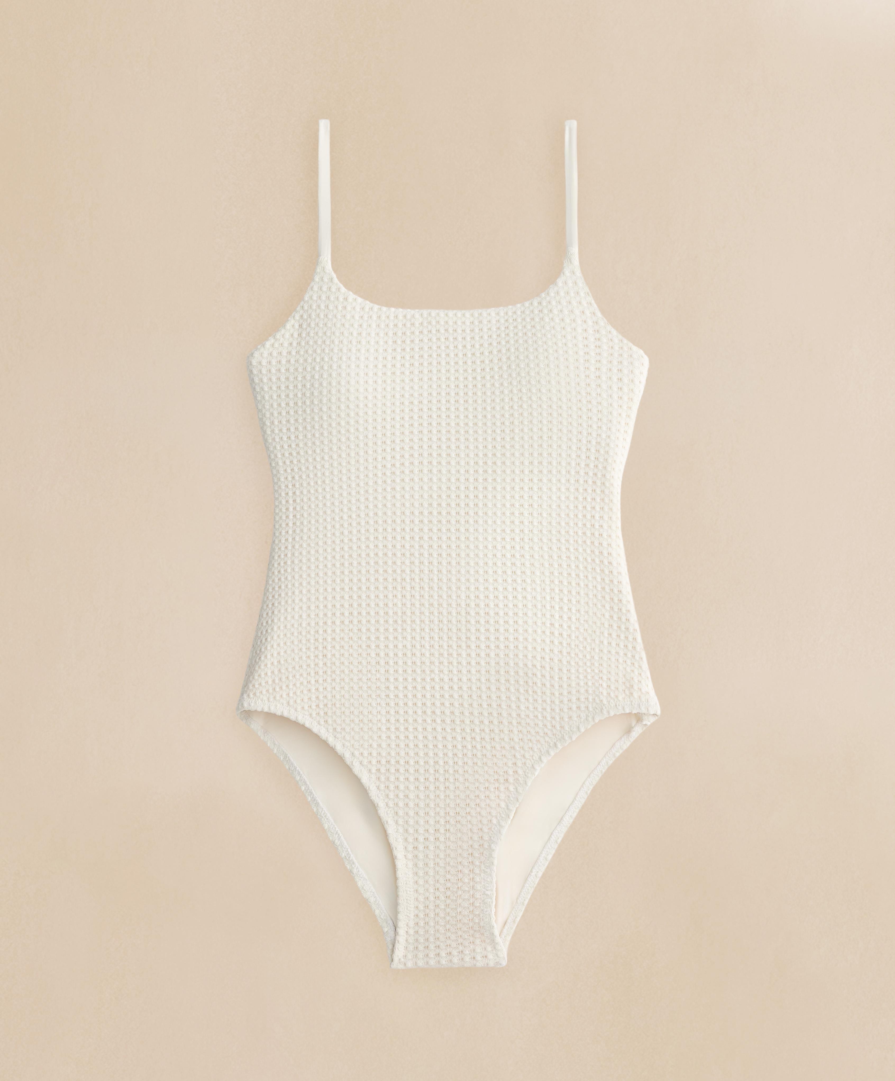 Bubble-texture crochet round neck swimsuit — ECRU