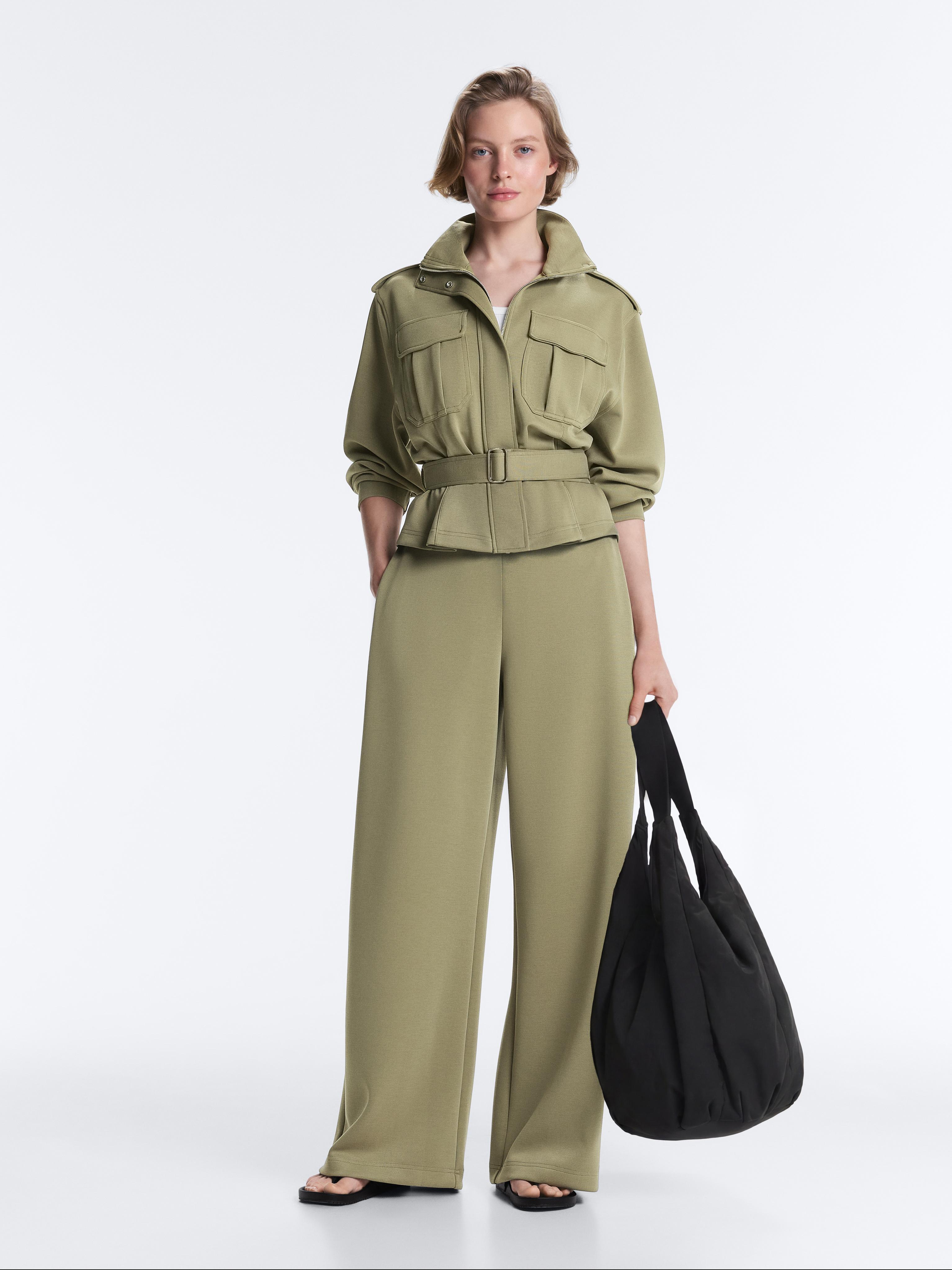Cropped piqué utility jacket with belt — YELLOW GREEN
