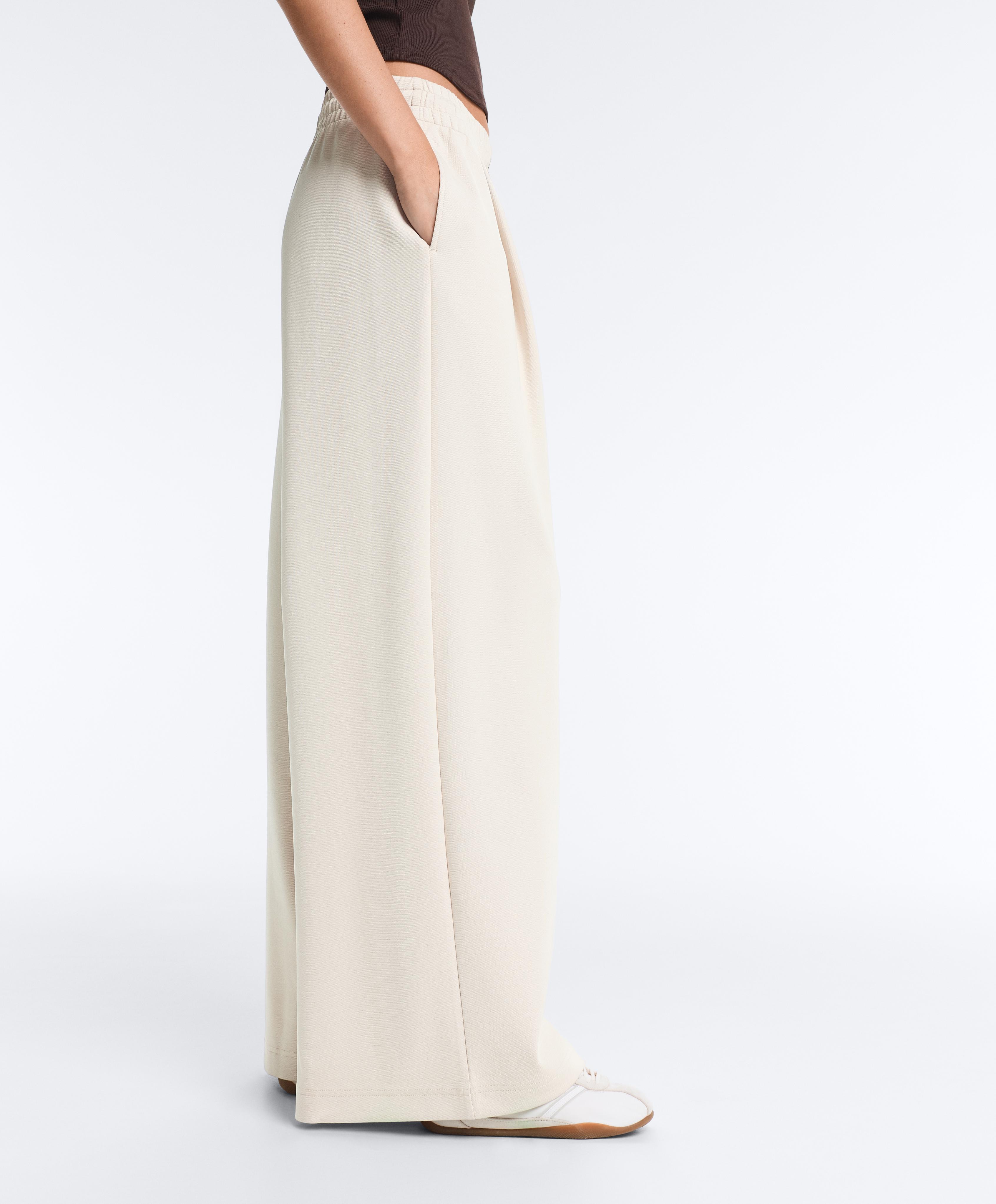 Wide-leg piqué pleat trousers with cotton — PALE MINK