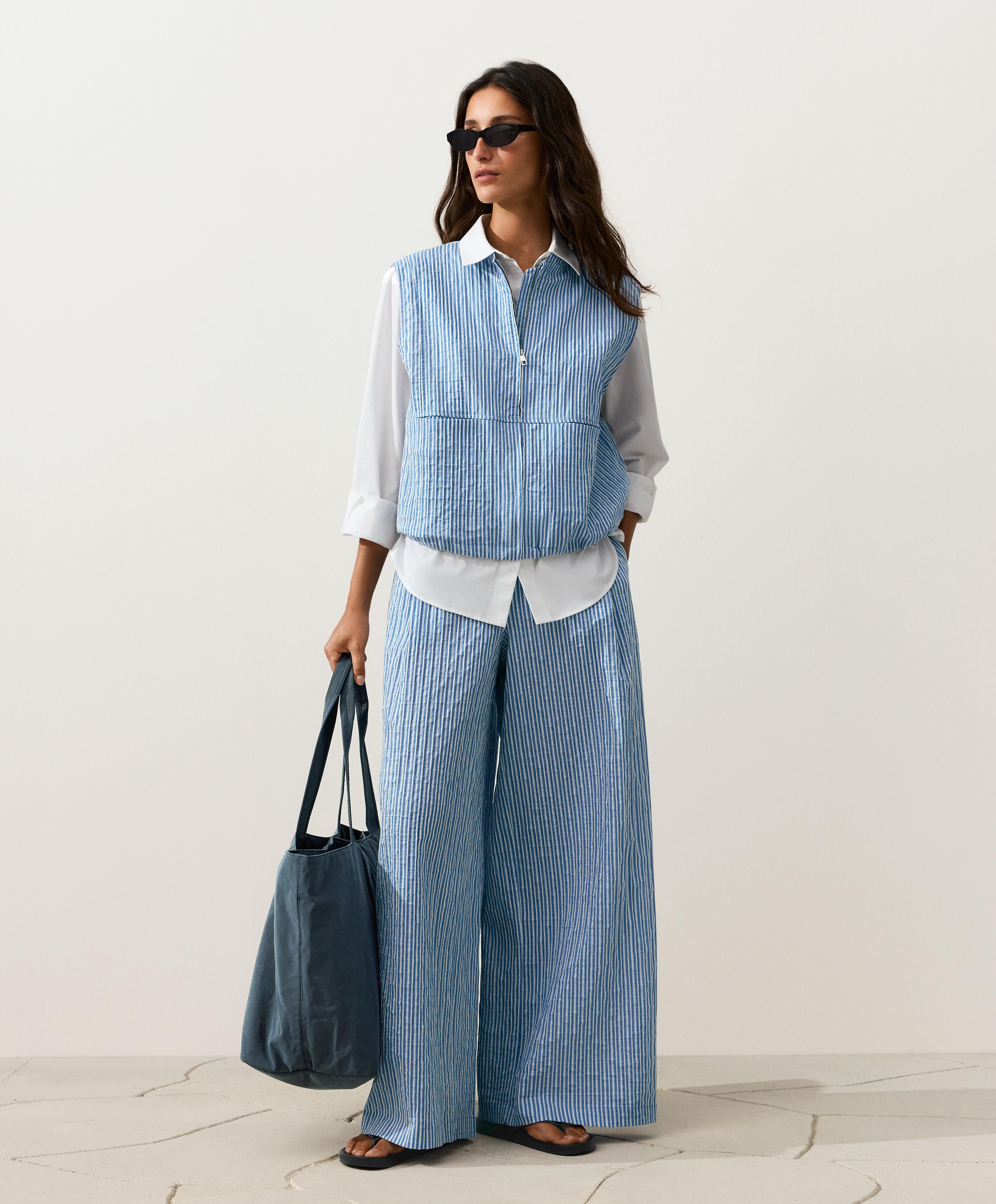 Striped cotton blend vest — MID-BLUE