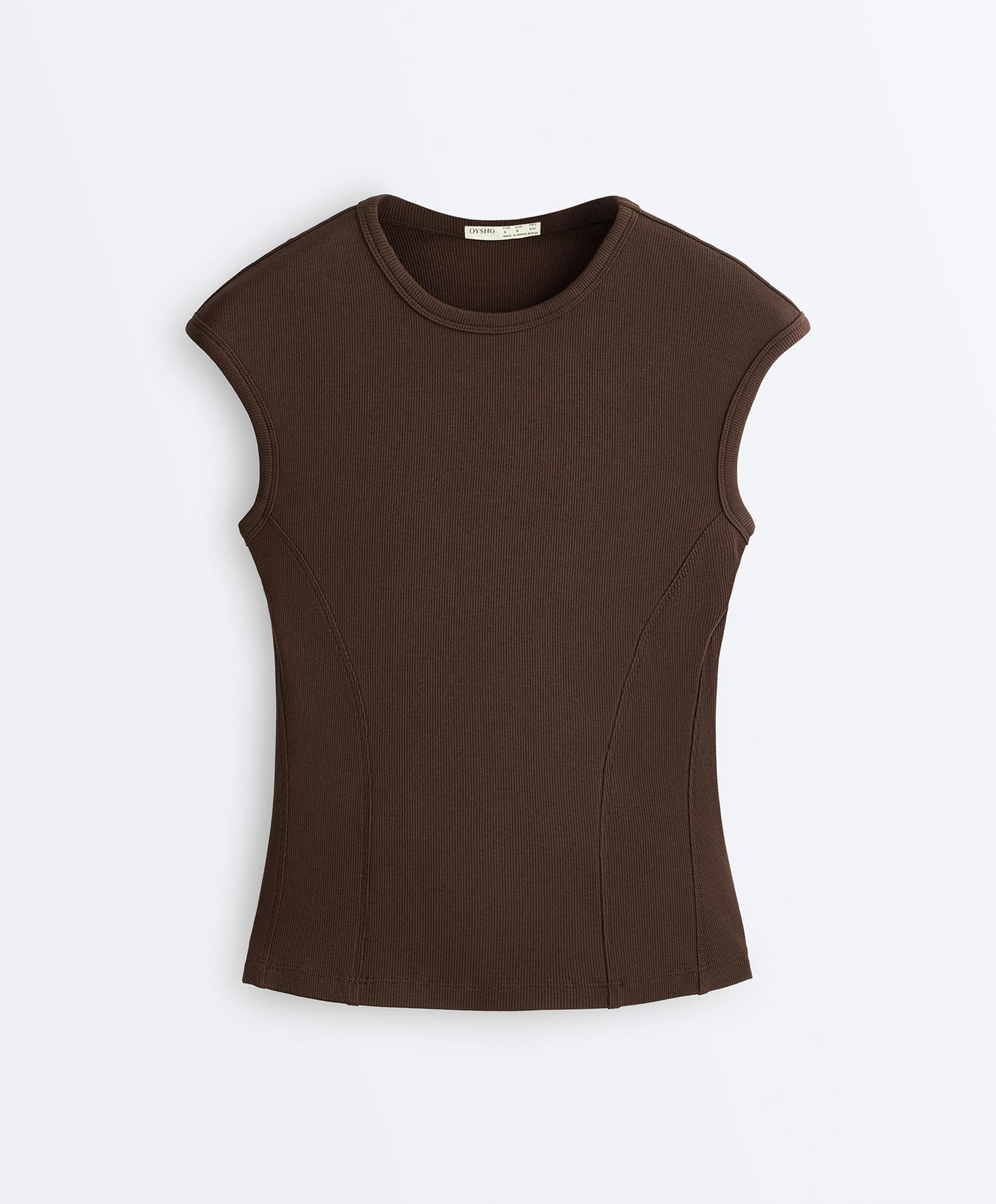 Short-sleeved rib top with cotton and modal — DARK BROWN