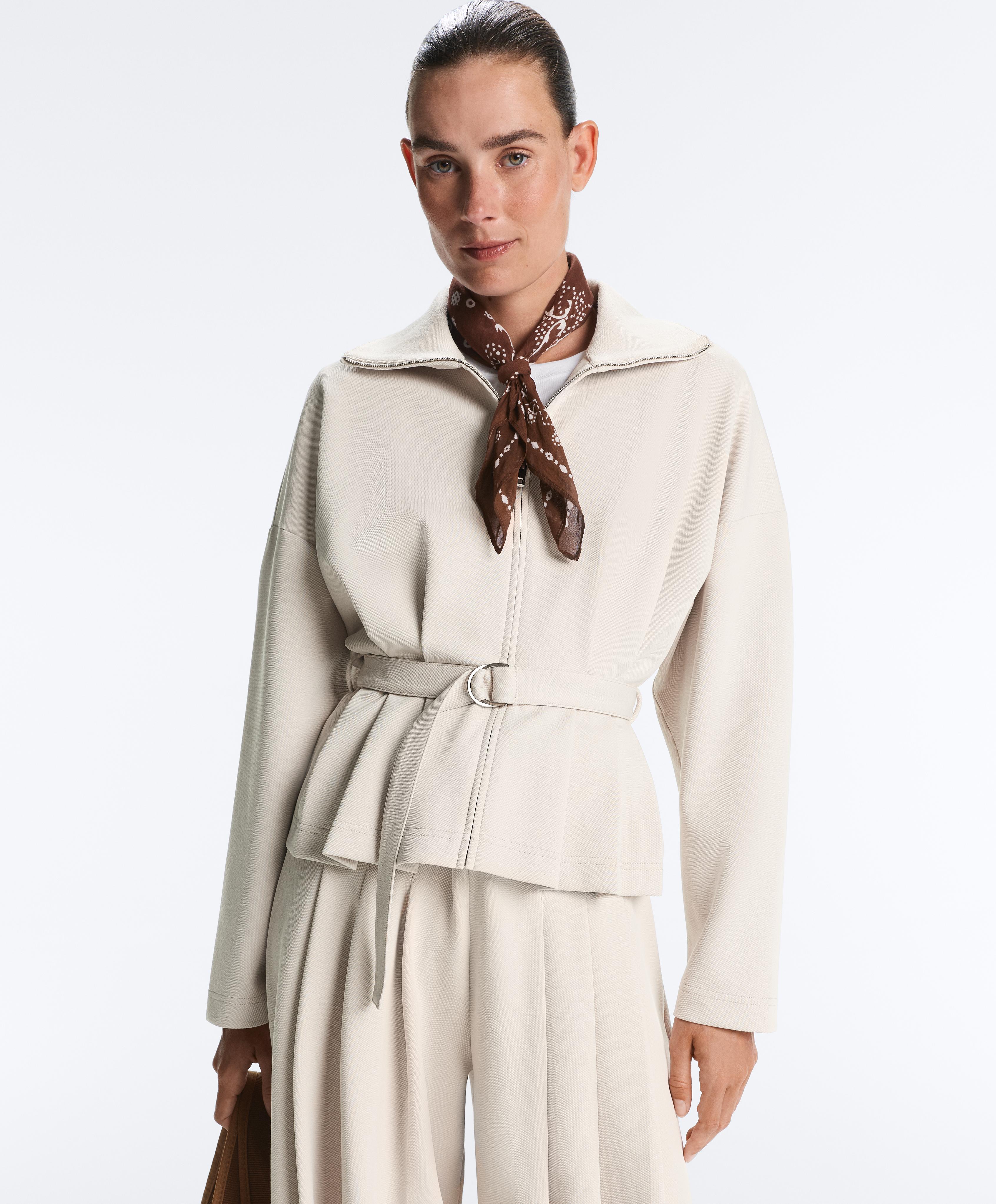 Piqué jacket with belt and pleat detail