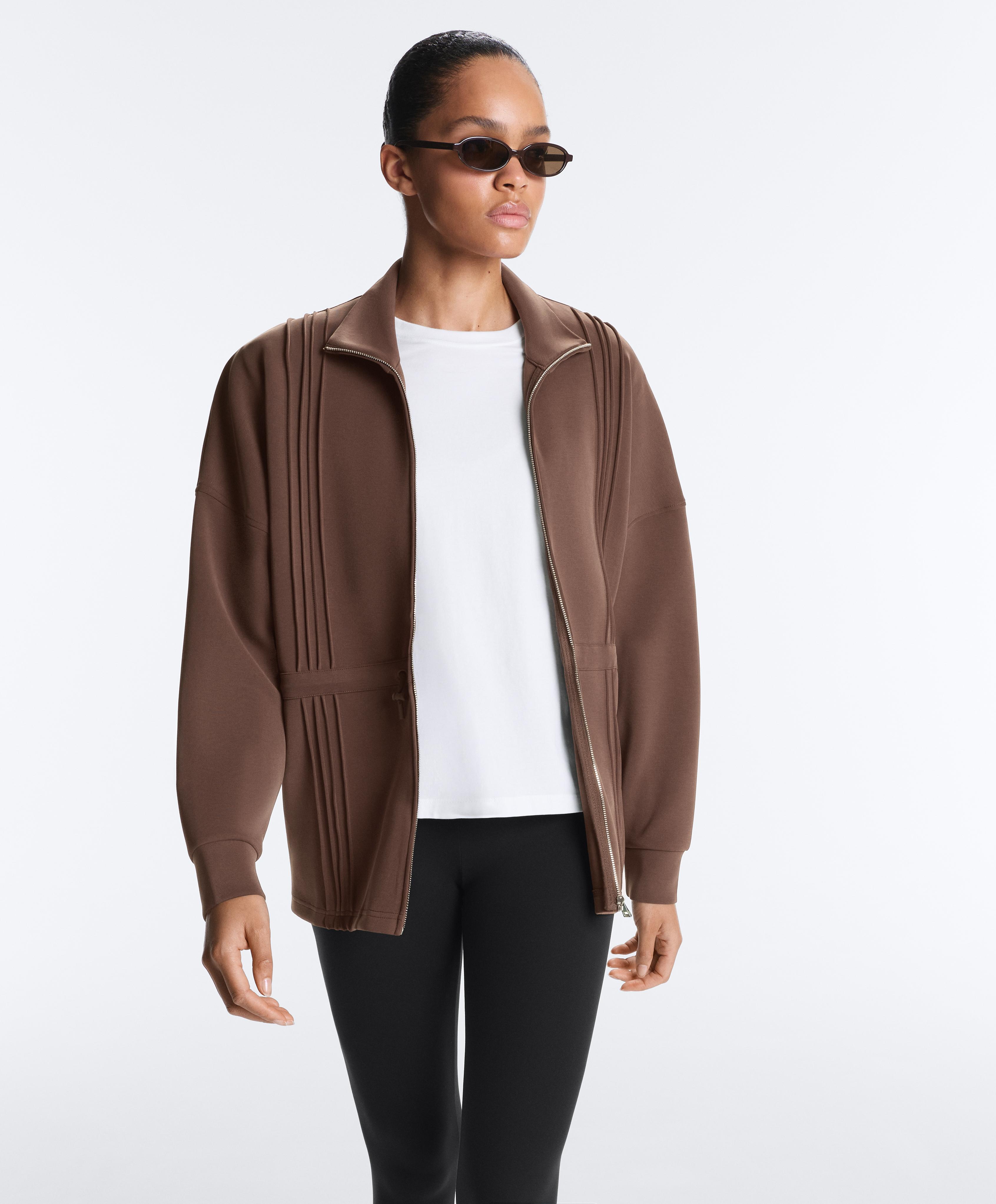 Long jacket with ribbed high neck and soft-touch modal — MID-BROWN