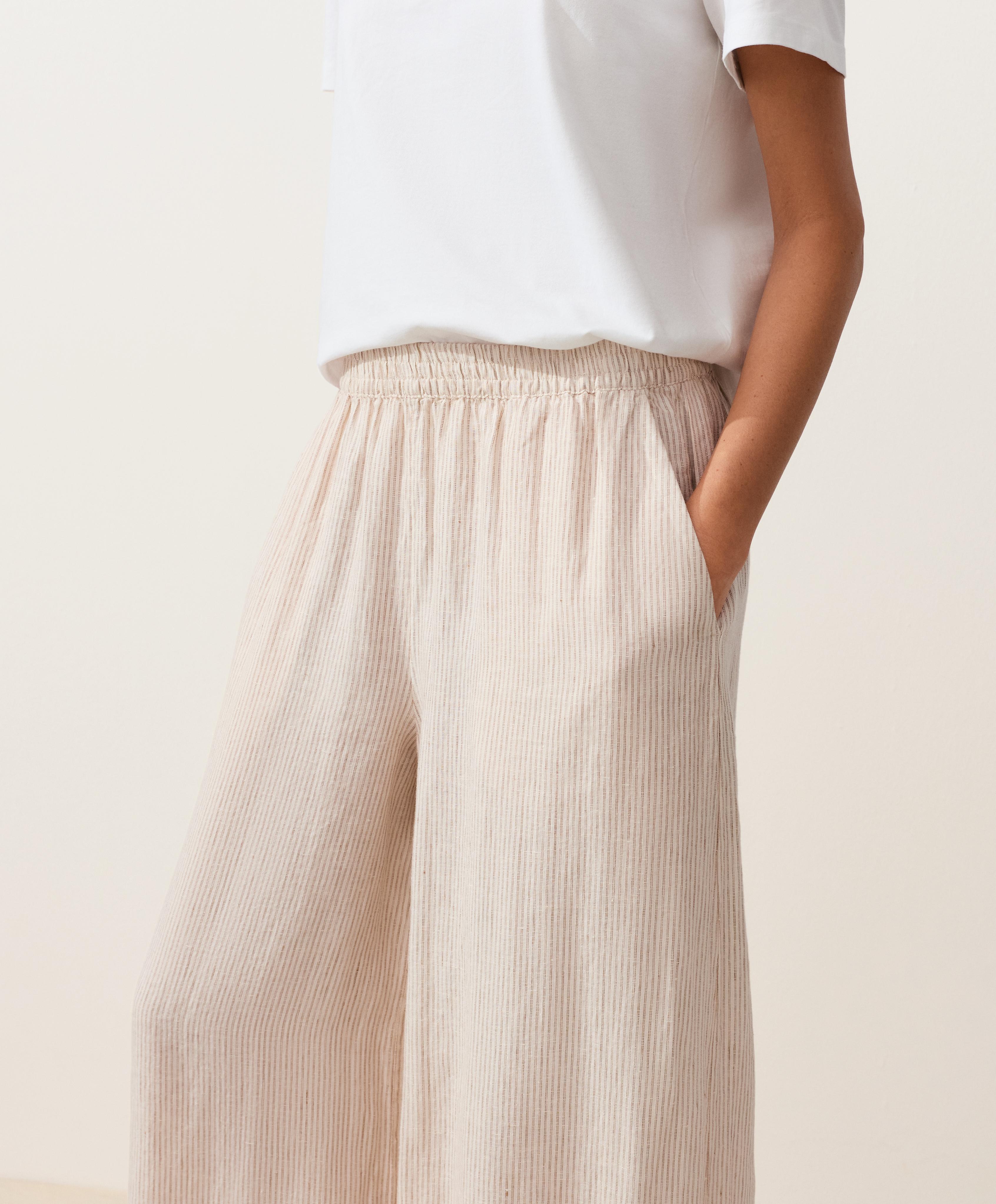 Çizgili %100 keten bloomer pantolon