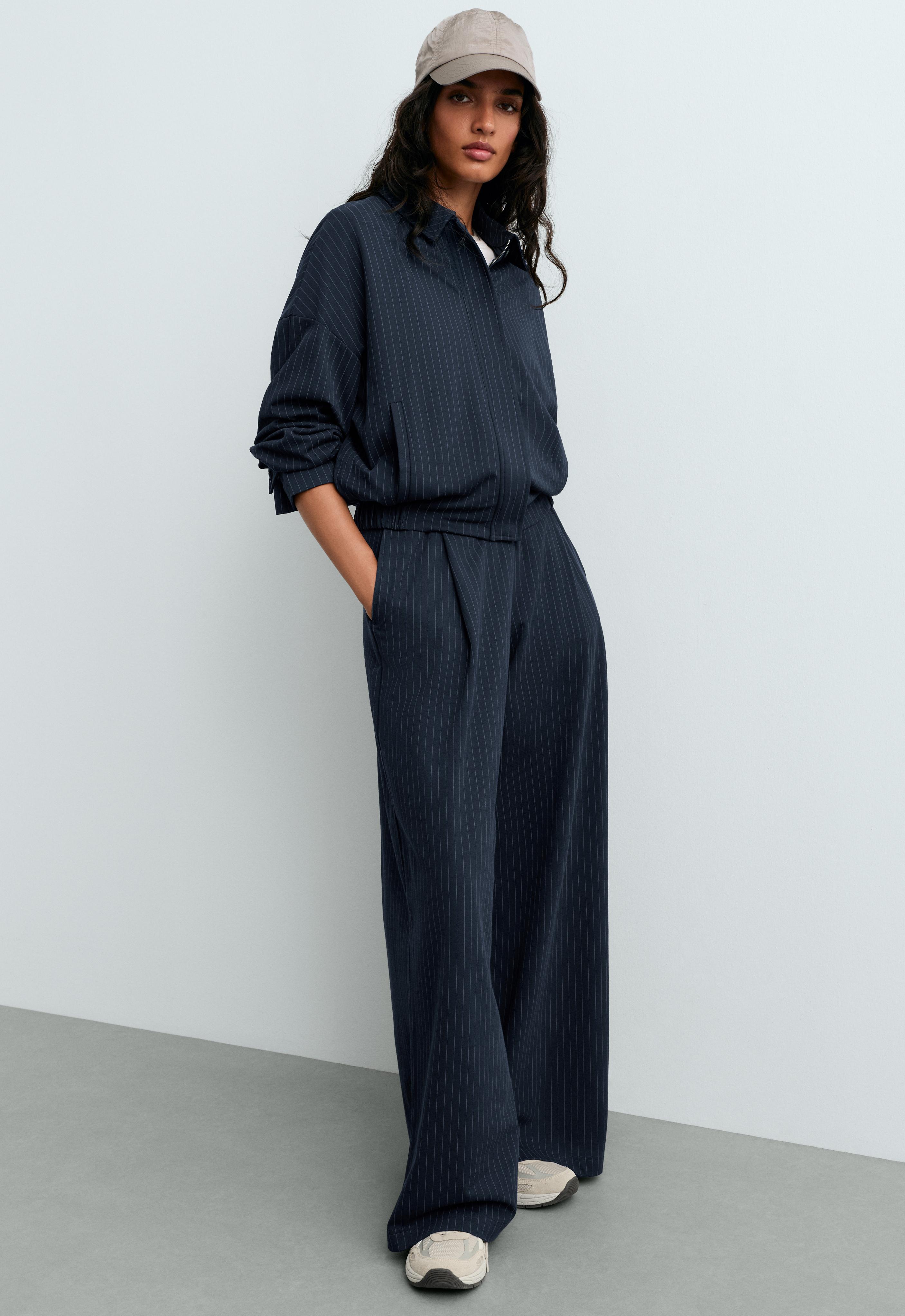 Pinstripe cotton pique wide-leg trousers — NAVY BLUE