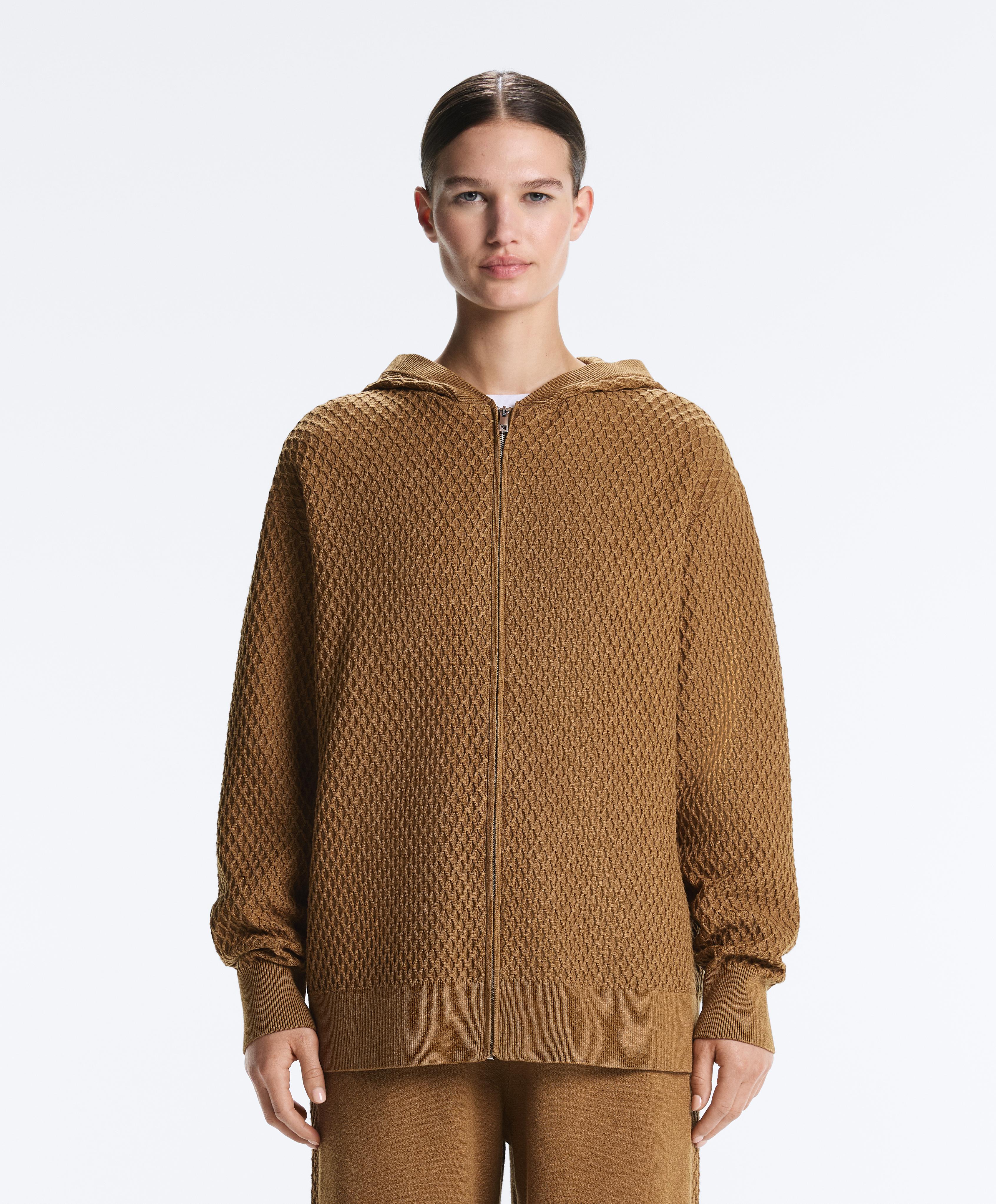 Long structured knit jacket with hood — COPPER