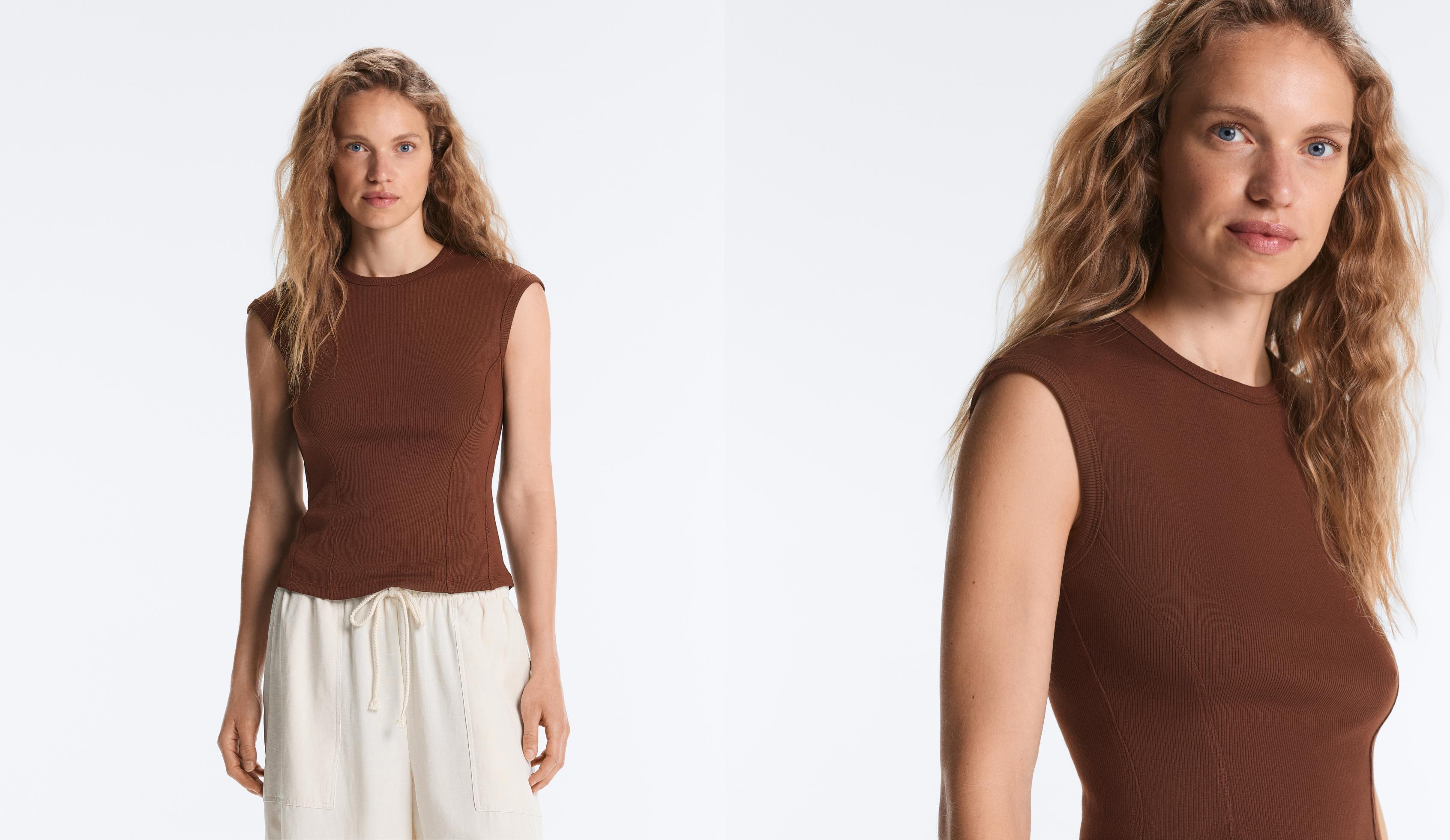 Short-sleeved rib top with cotton and modal — COFFEE