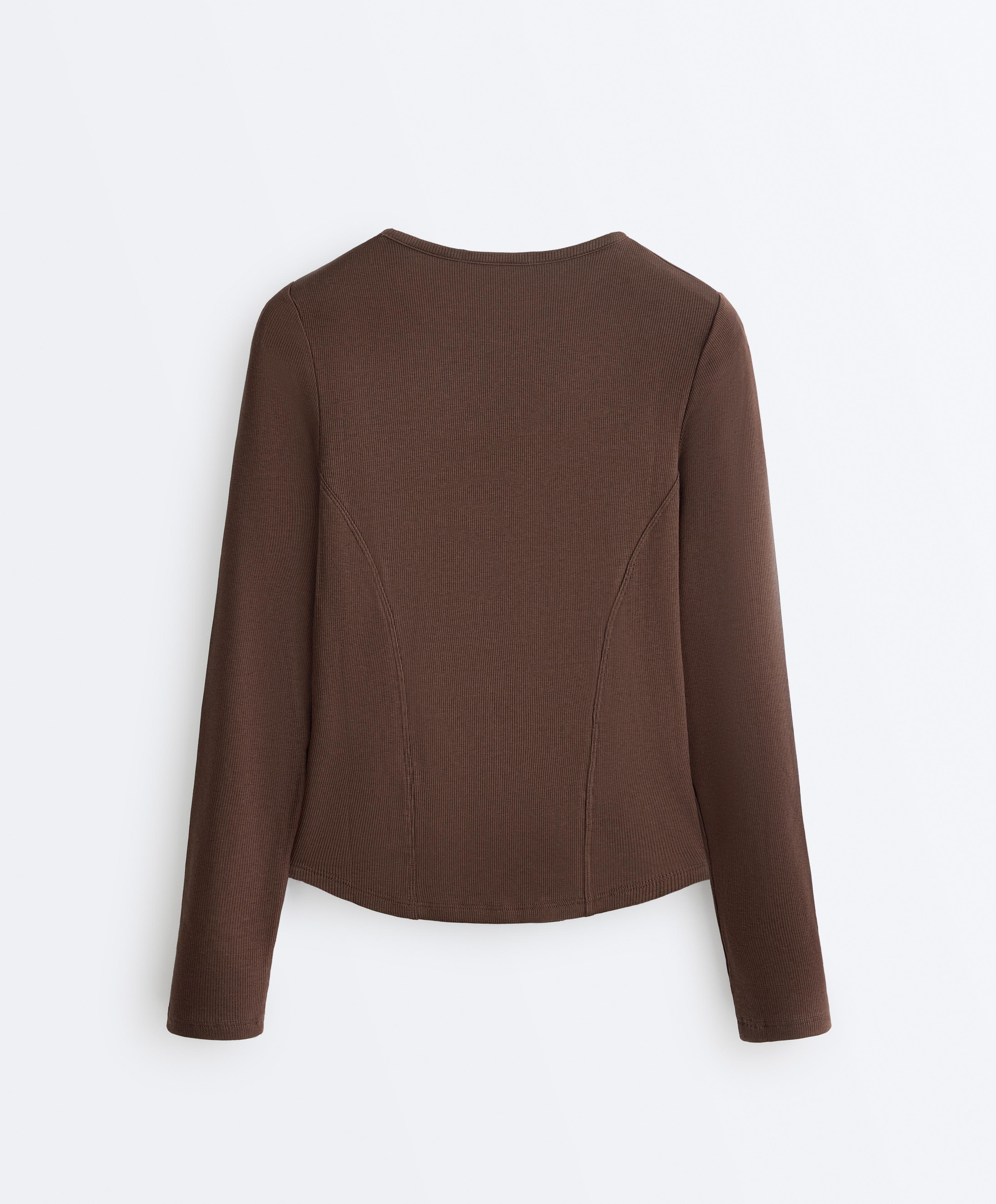 Fitted long sleeve rib T-shirt with cotton and modal — BROWN