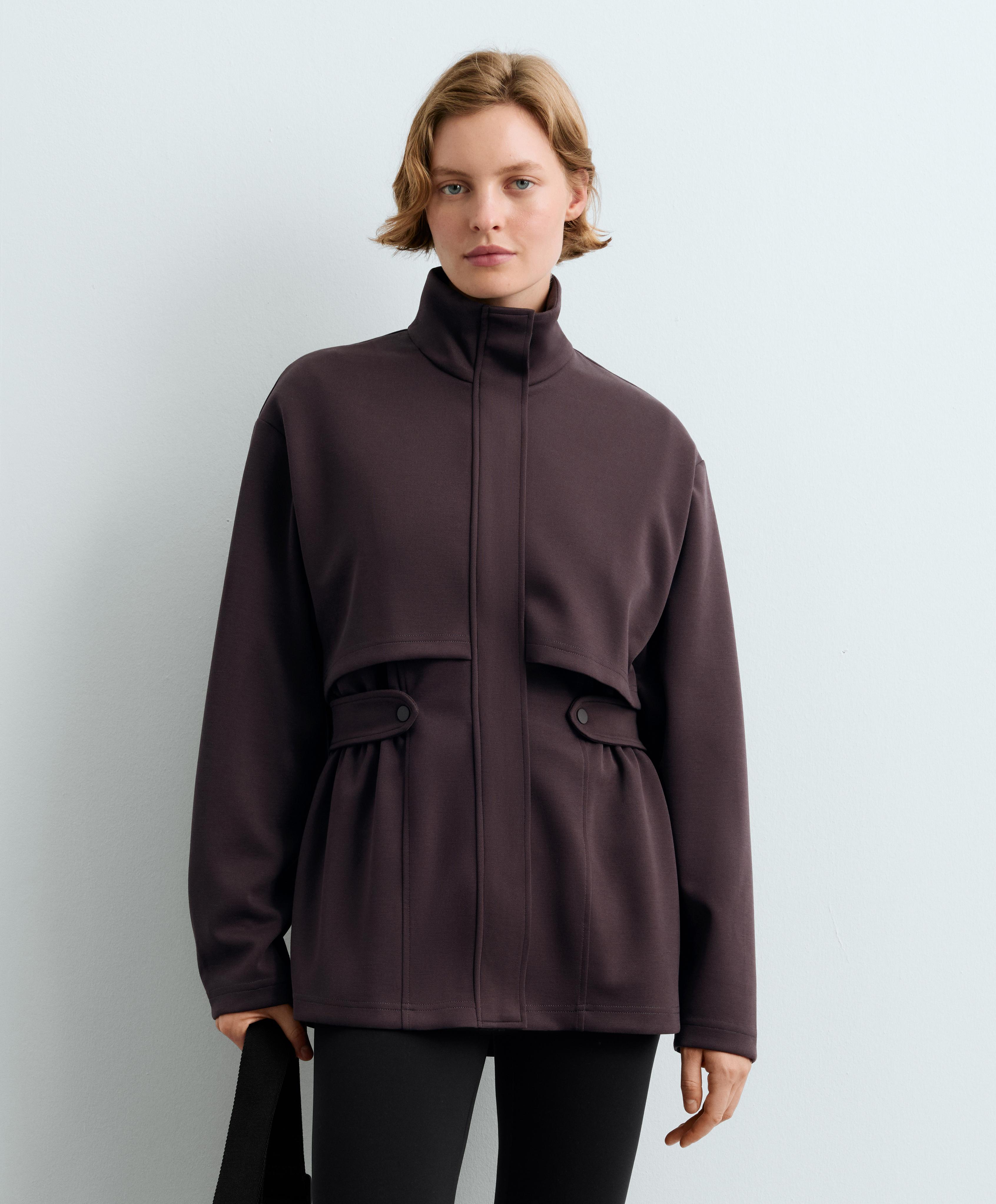 Long piqué jacket with belt — Purplish brown