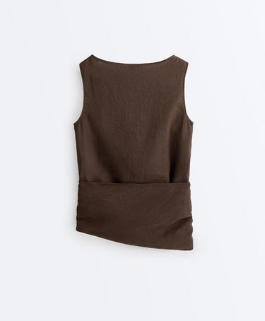 Sleeveless top with 100% linen scarf — DARK BROWN 9