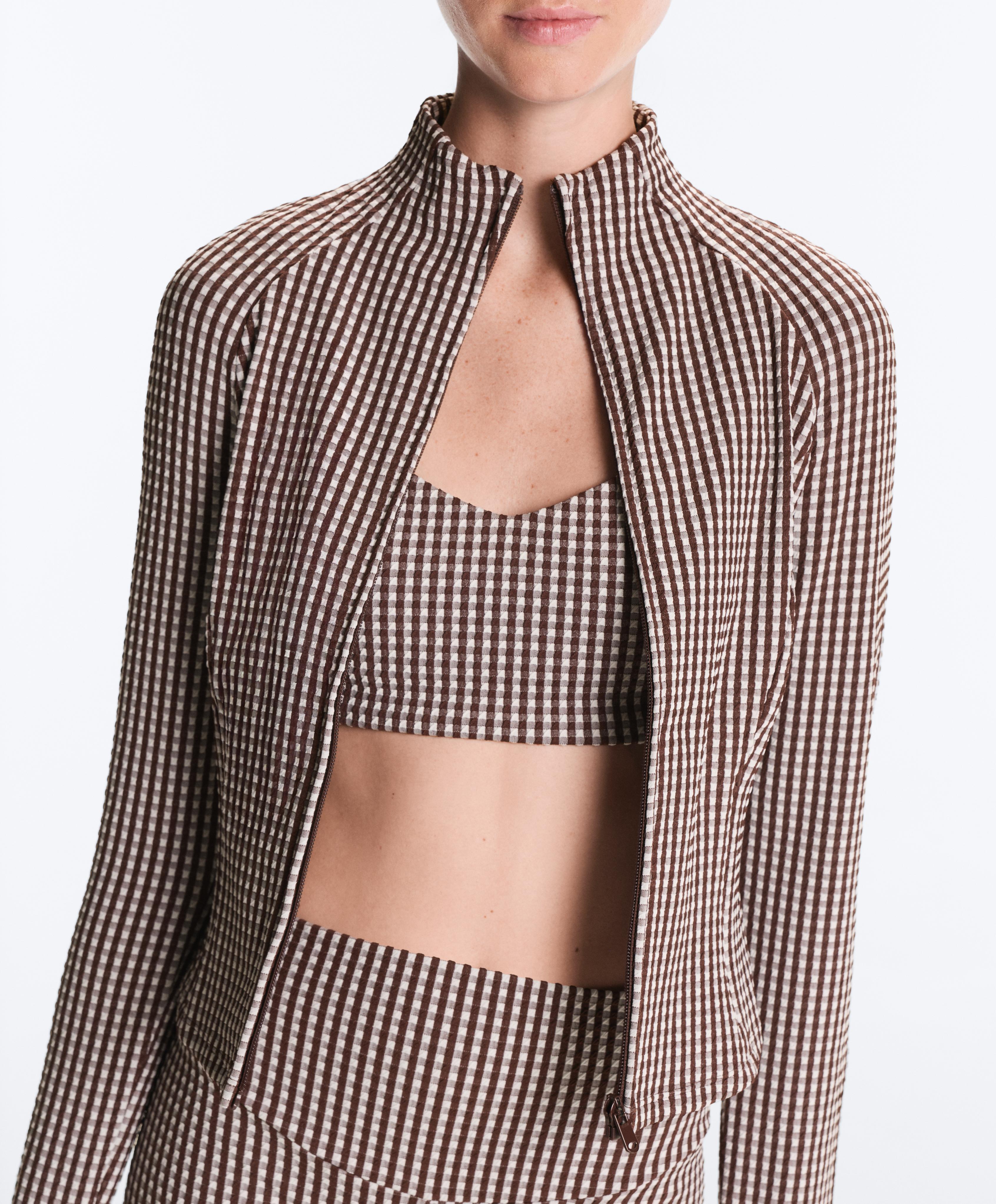 Gingham technical jacket — DARK REDDISH‑BROWN