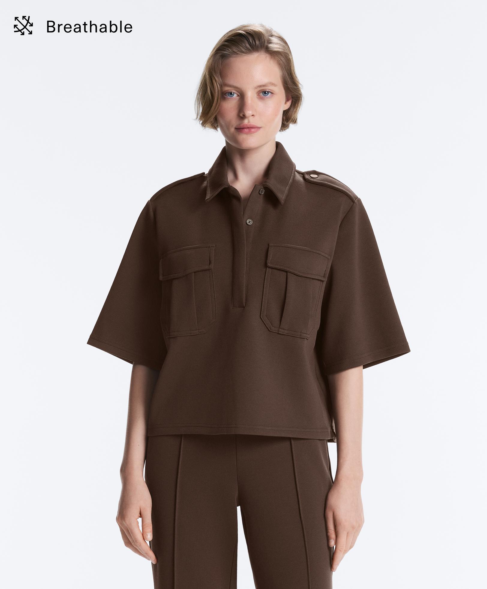 Utility short-sleeve sweatshirt with cotton piqué — DARK BROWN