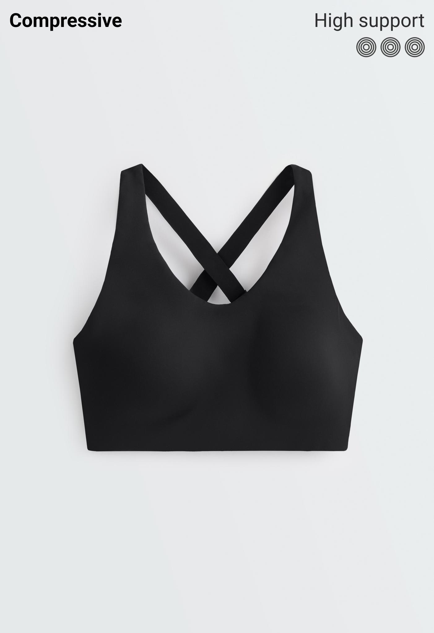 High-support Compressive sports bra with crossover back — BLACK