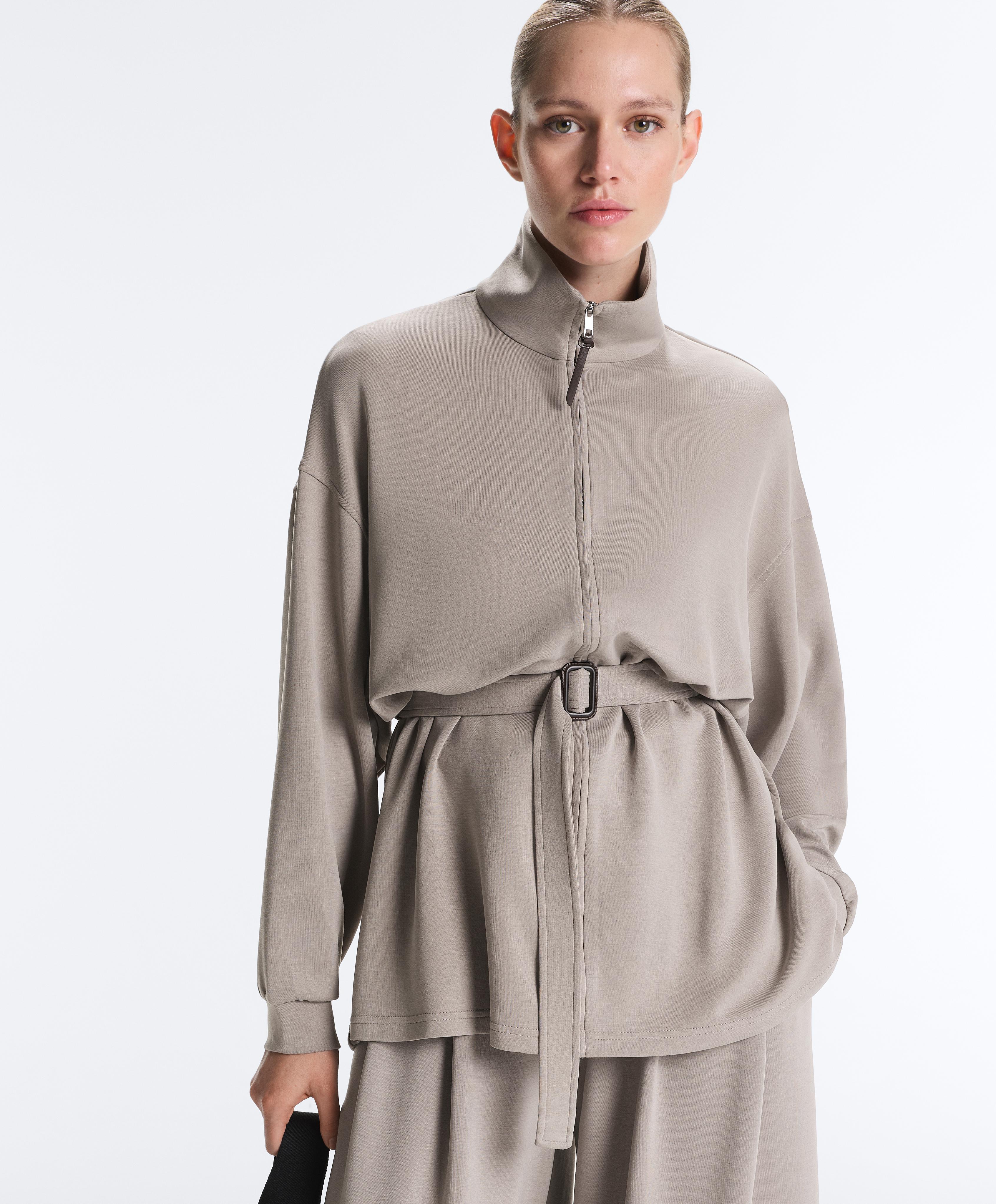 Long corset jacket with soft-touch modal belt — PALE TAUPE