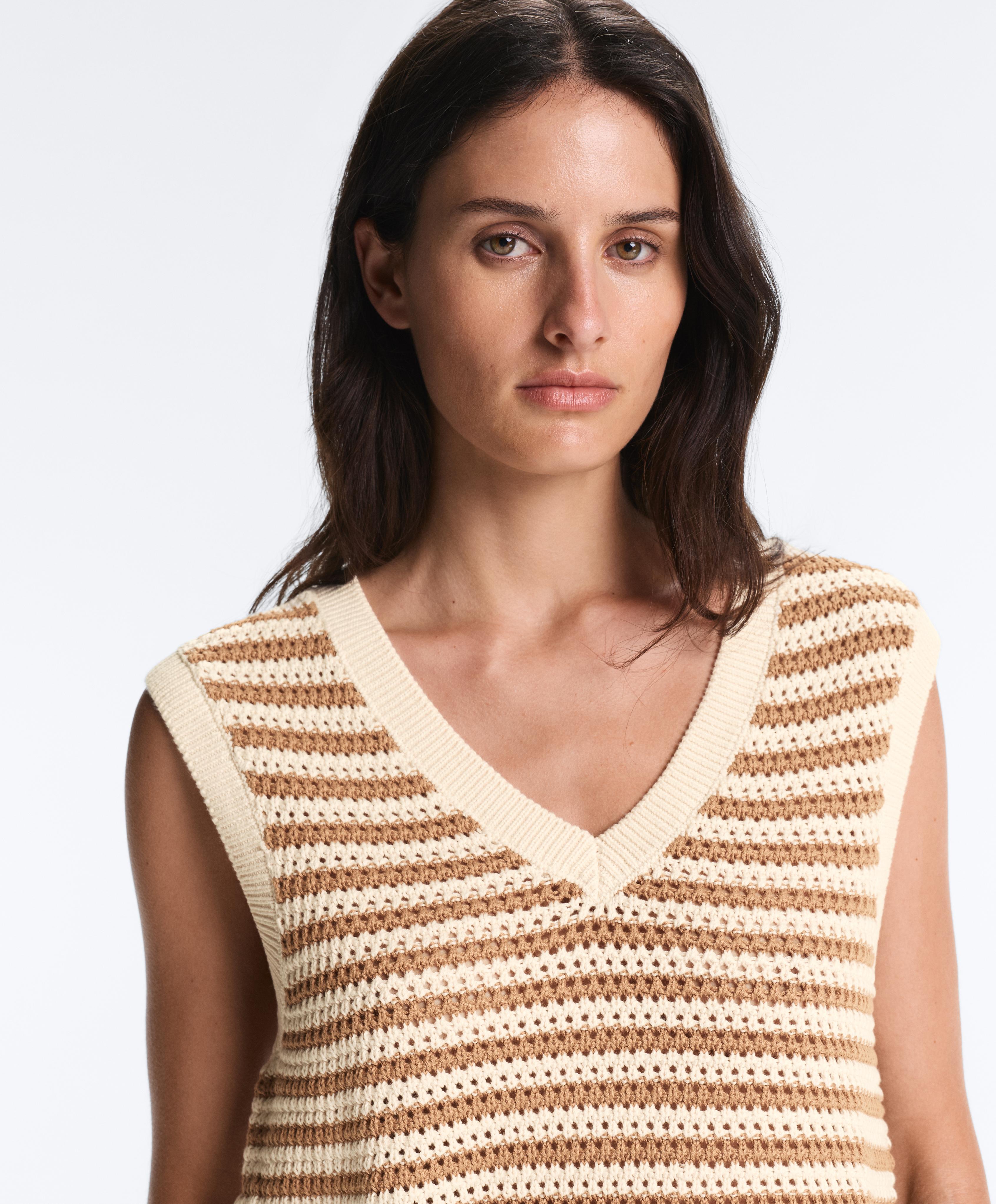 Striped V-neck knit vest — ECRU