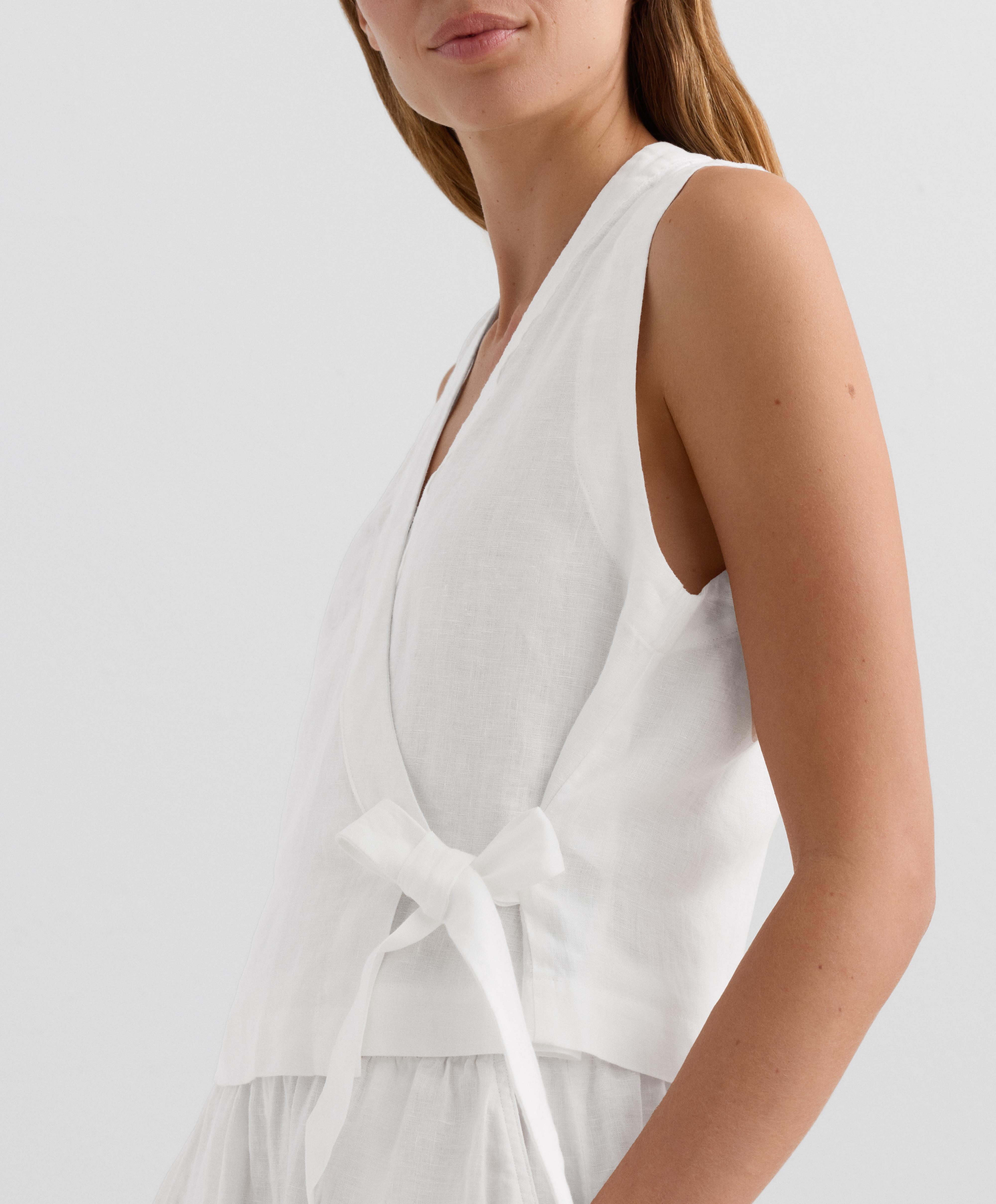 100% linen crossover top with tie fastening — WHITE