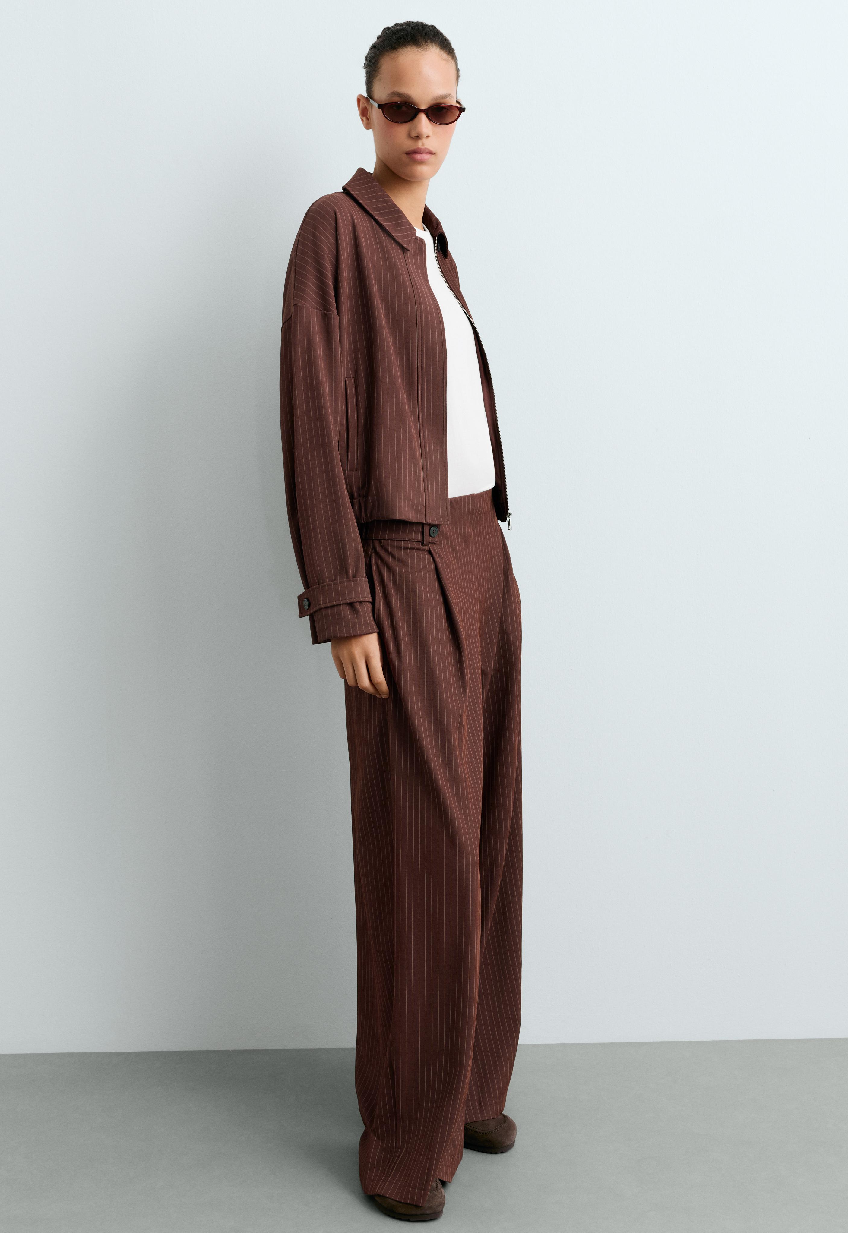 Pinstripe piqué polo neck jacket with cotton — CHOCOLATE