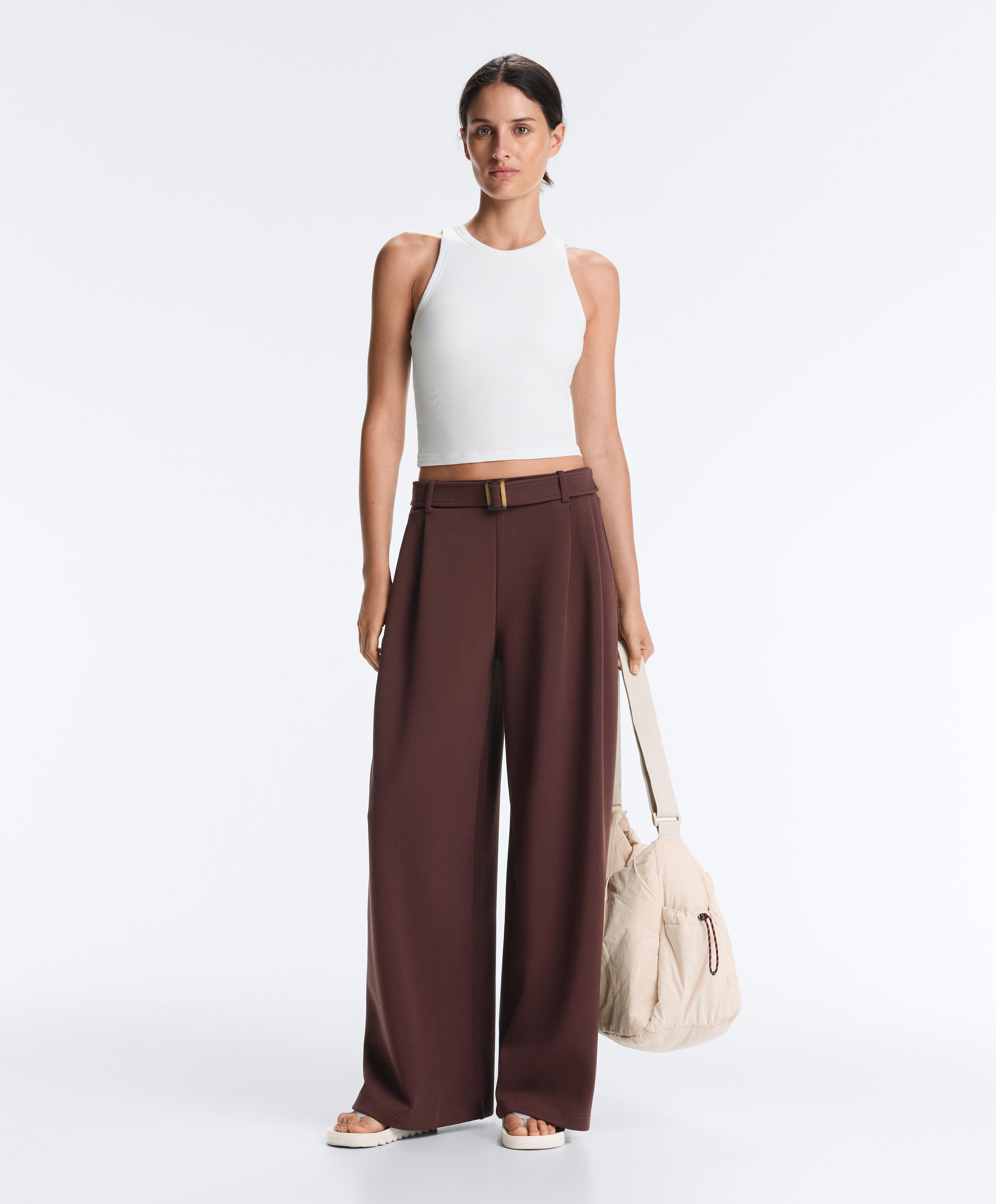 Wide-leg cotton piqué belted trousers — CHOCOLATE