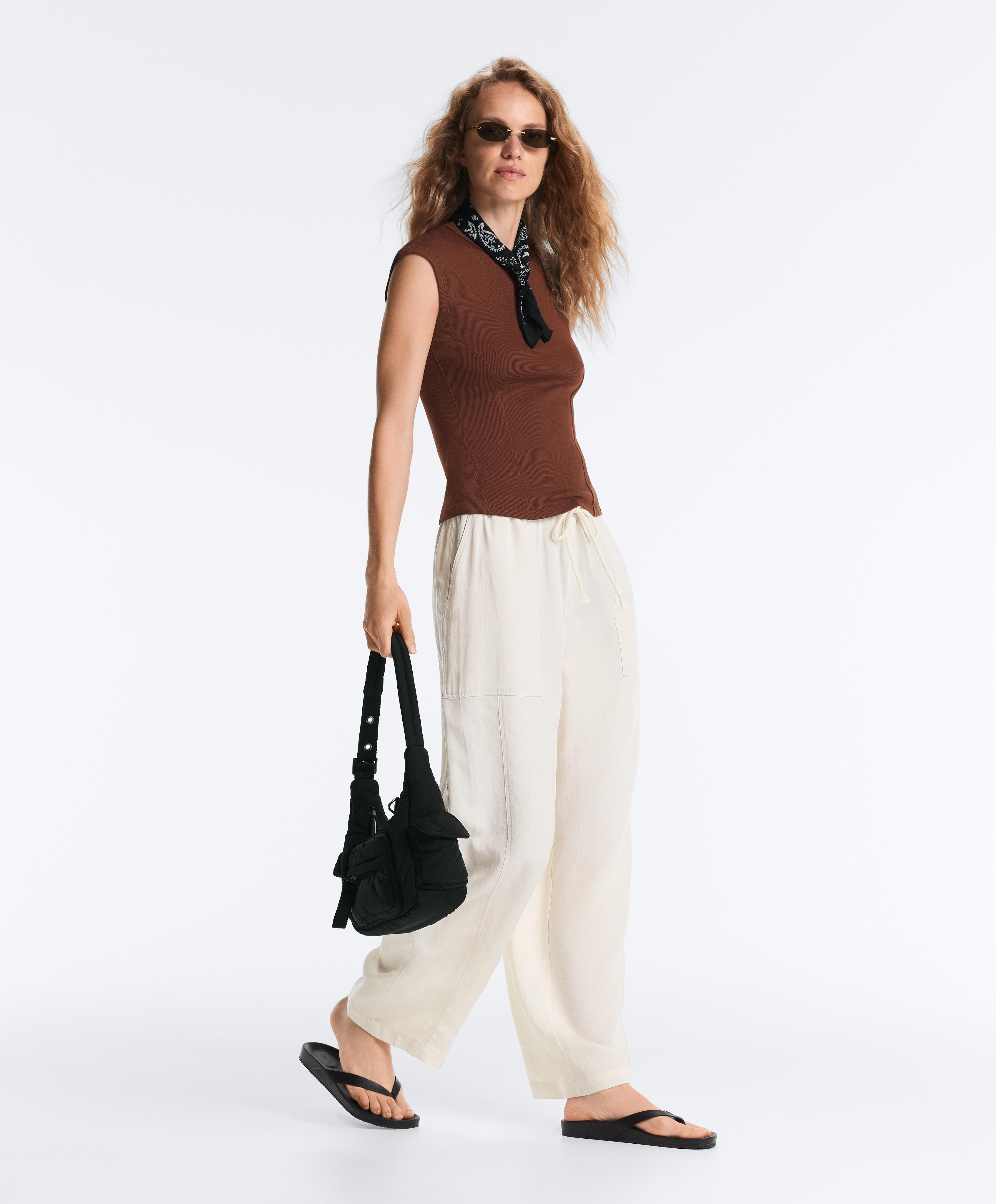 Short-sleeved rib top with cotton and modal — COFFEE