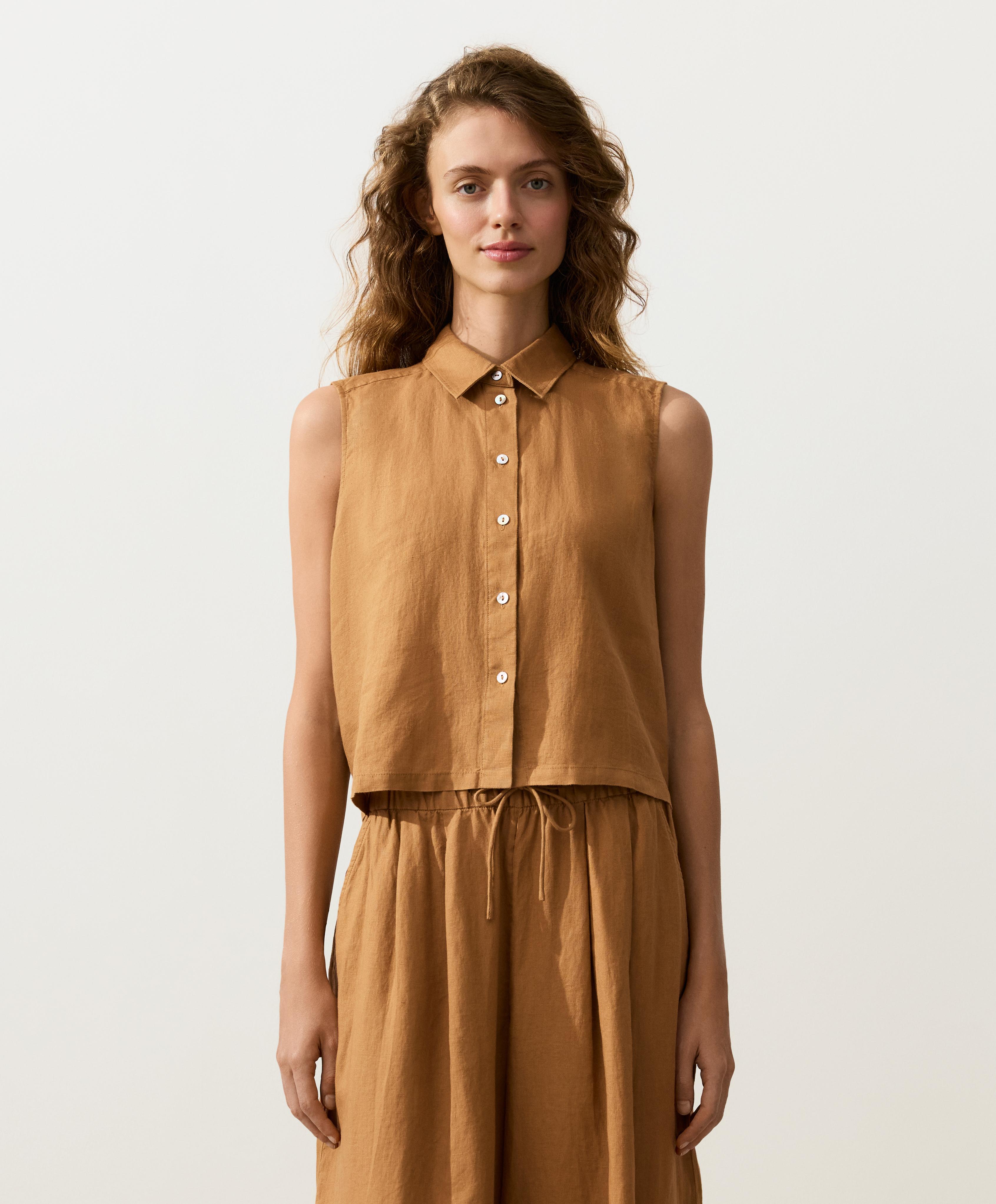 Sleeveless cropped 100% linen shirt — MUSTARD