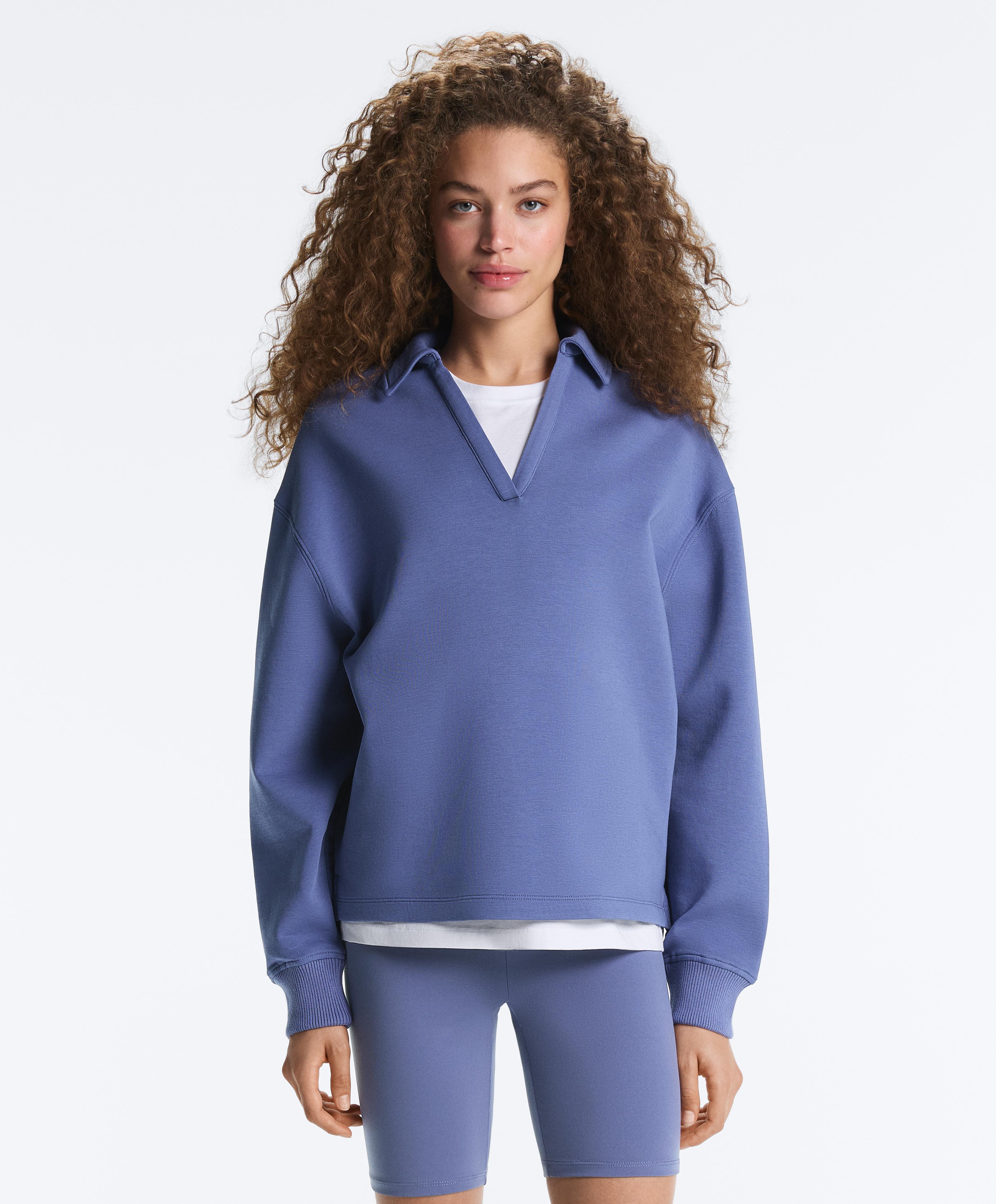 Cotton blend V-neck polo — BRIGHT GREY-BLUE