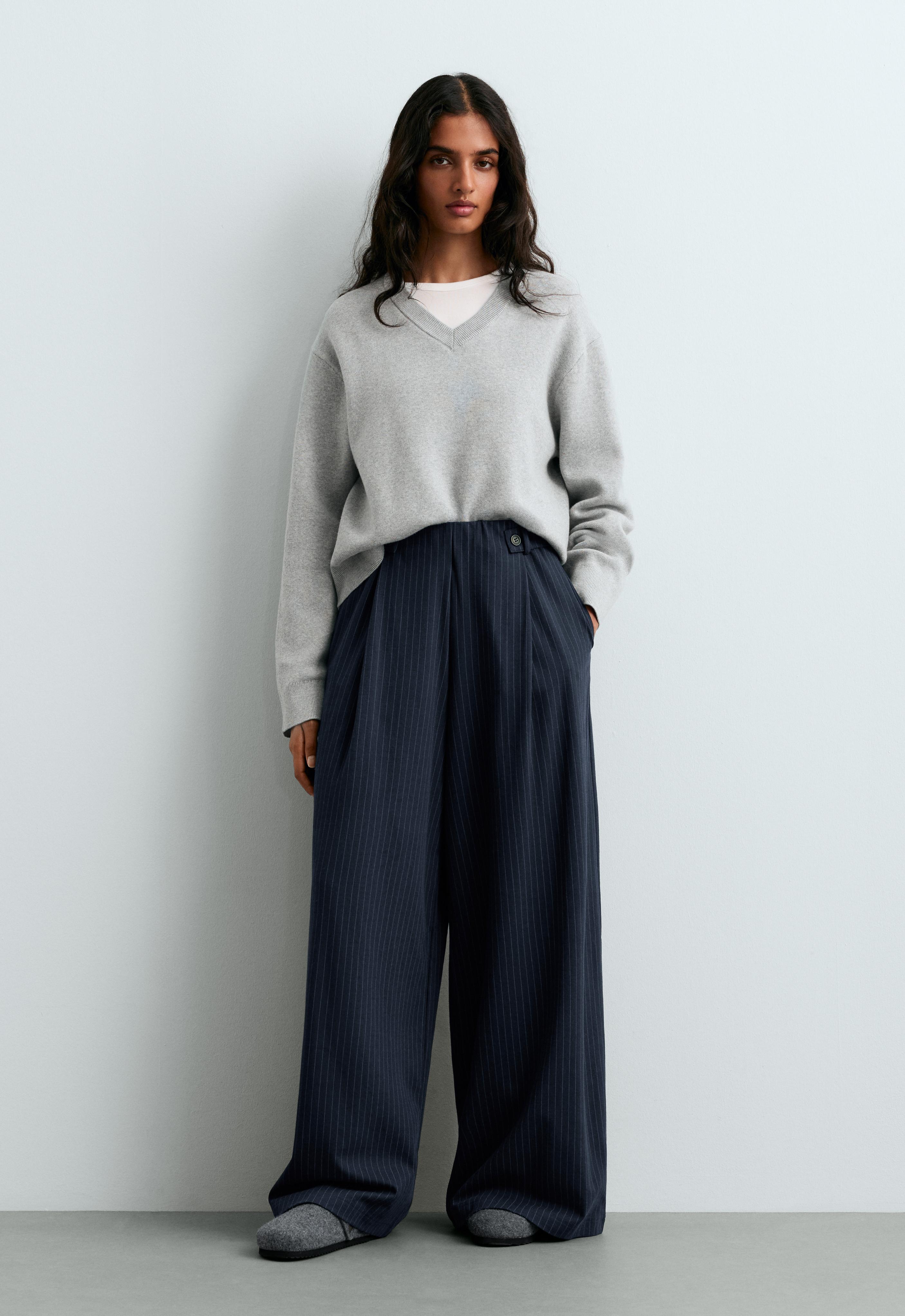 Pinstripe cotton pique wide-leg trousers — NAVY BLUE