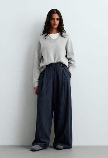 Pinstripe cotton pique wide-leg trousers — NAVY BLUE 1