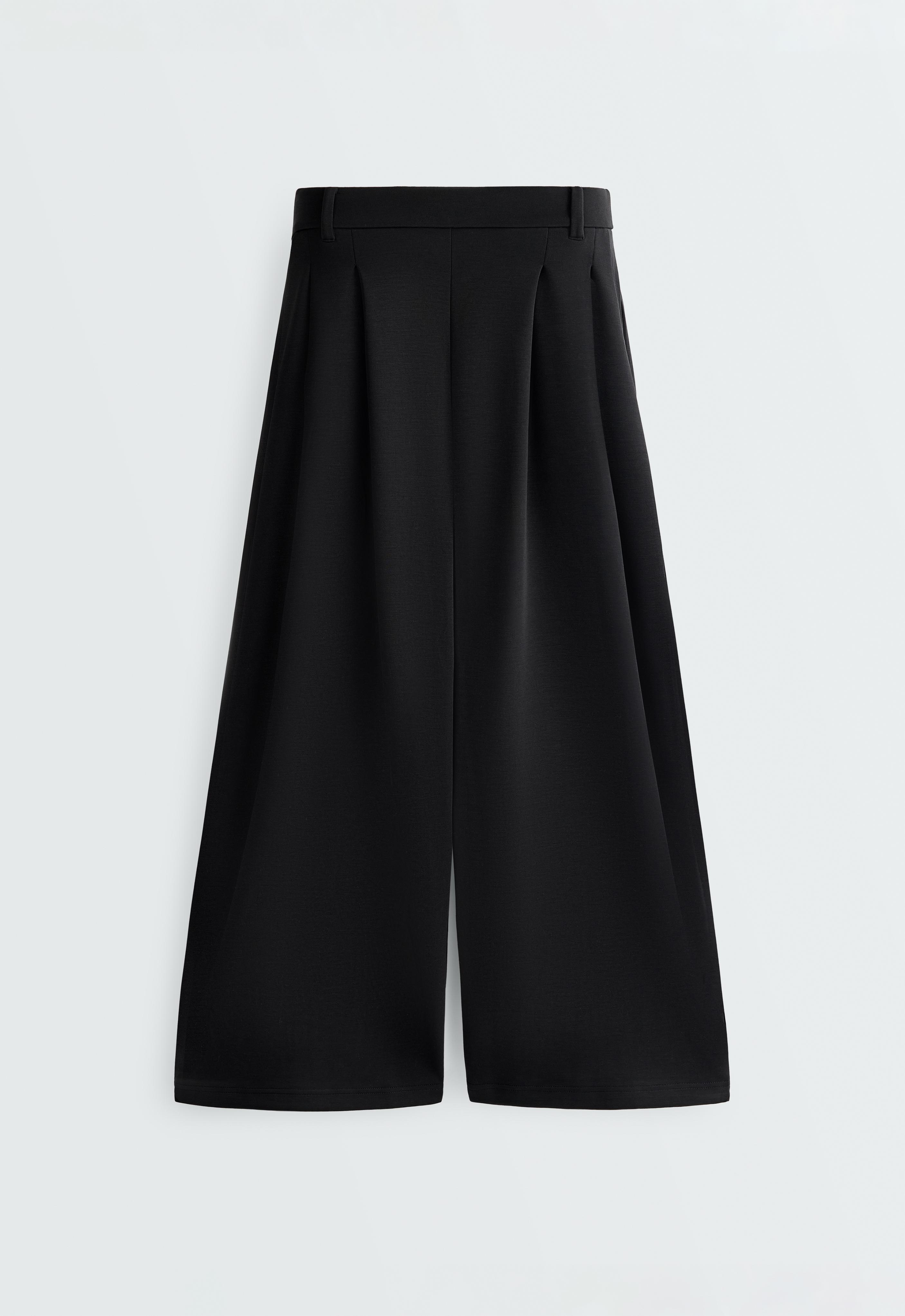 Soft-touch wide-leg crop trousers with modal and pleats — BLACK