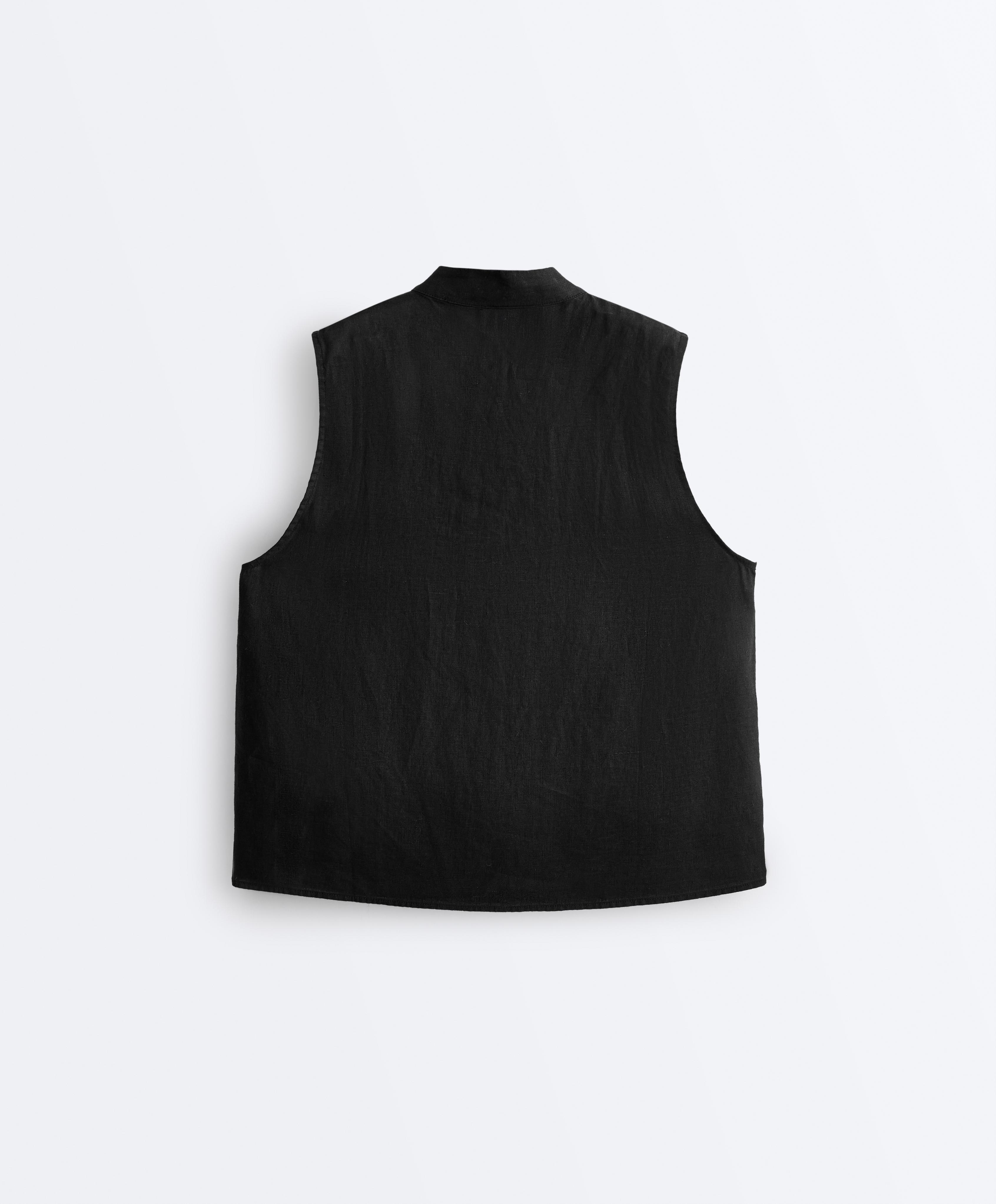 100% linen sleeveless stand-up collar shirt — BLACK