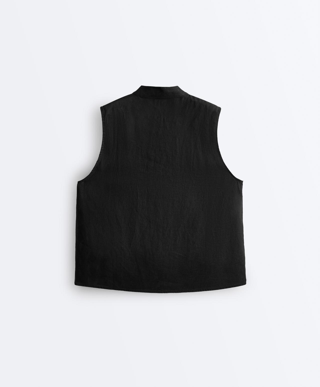 100% linen sleeveless stand-up collar shirt — BLACK