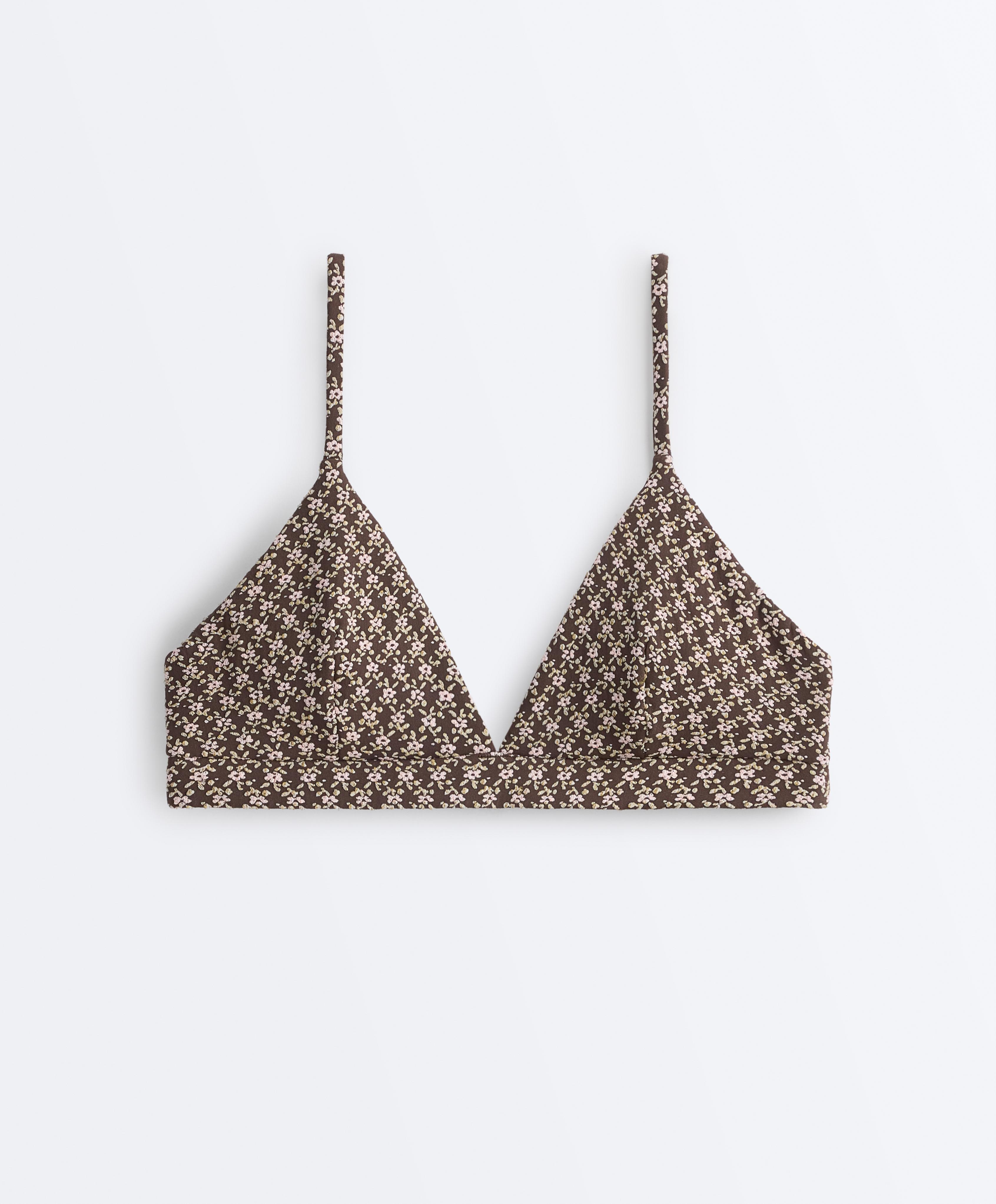 Floral jacquard triangle bikini top — DARK BROWN