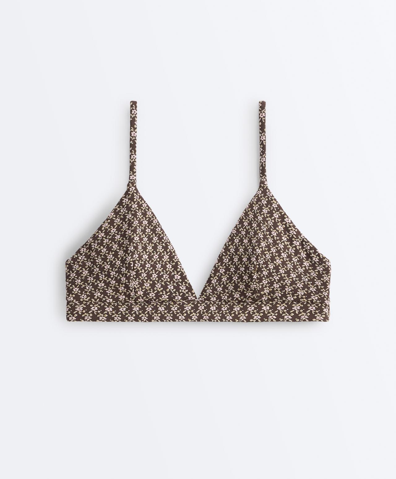 Floral jacquard triangle bikini top — DARK BROWN