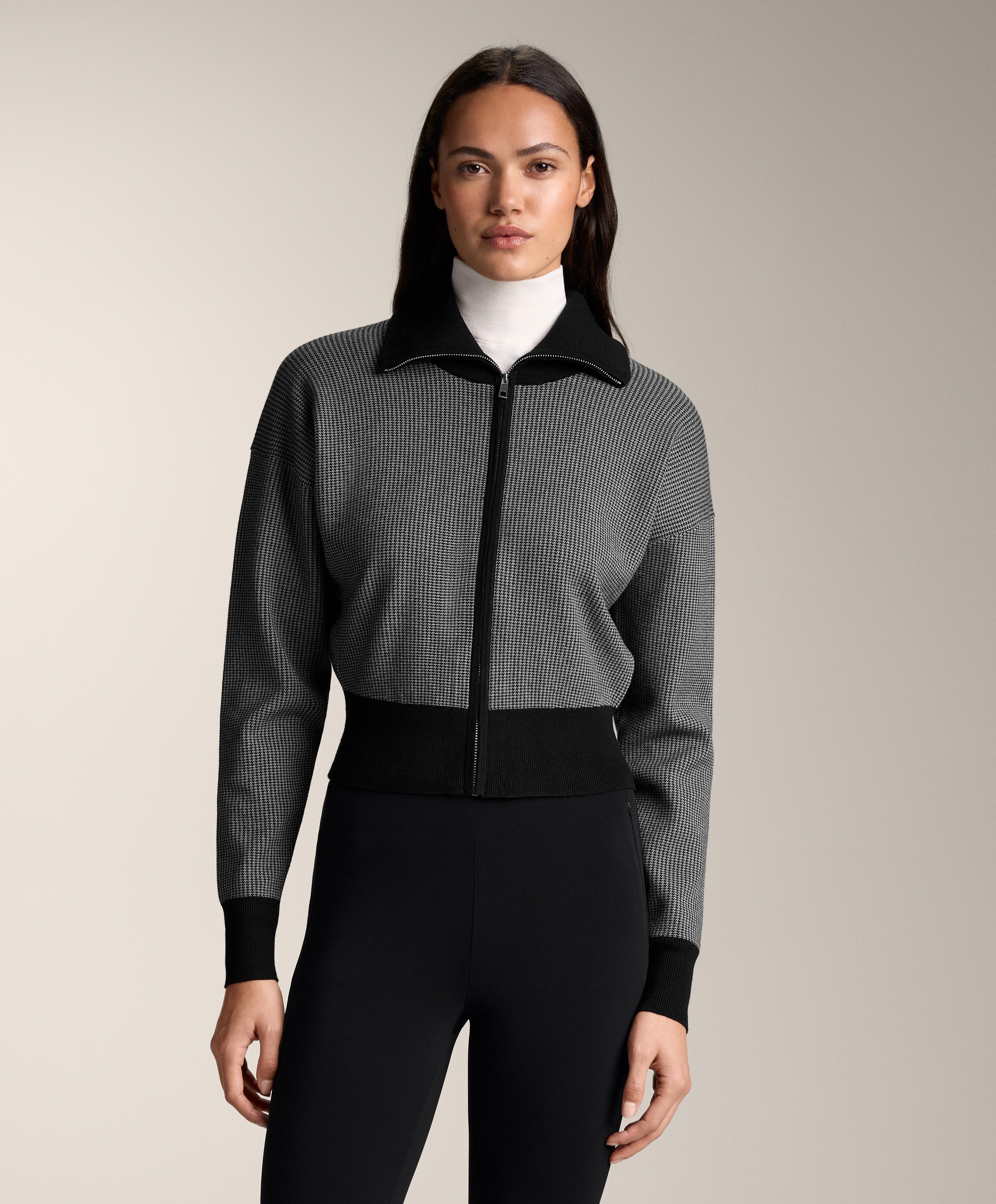 Houndstooth print knit jacket — BLACK