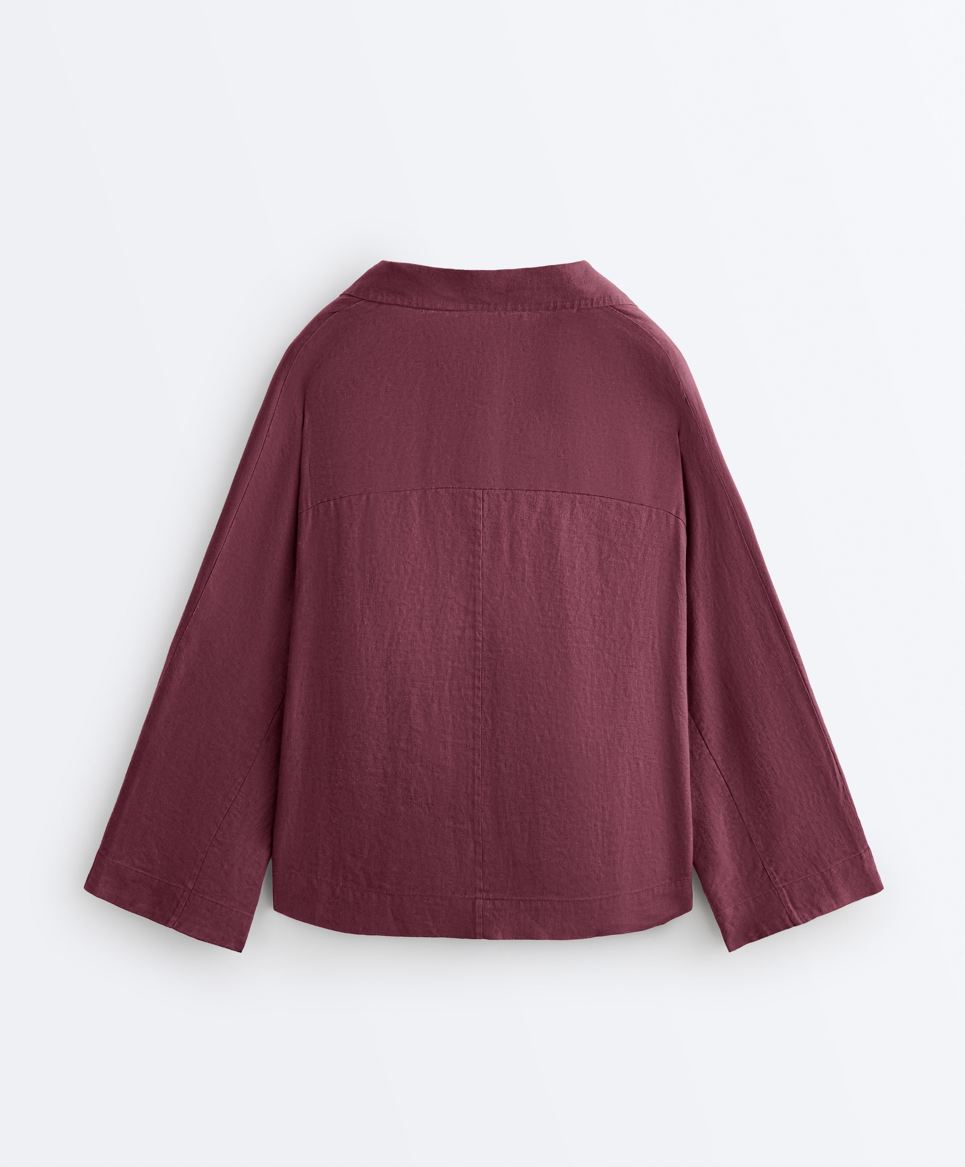 Oversize long-sleeve 100% linen polo shirt — CHERRY