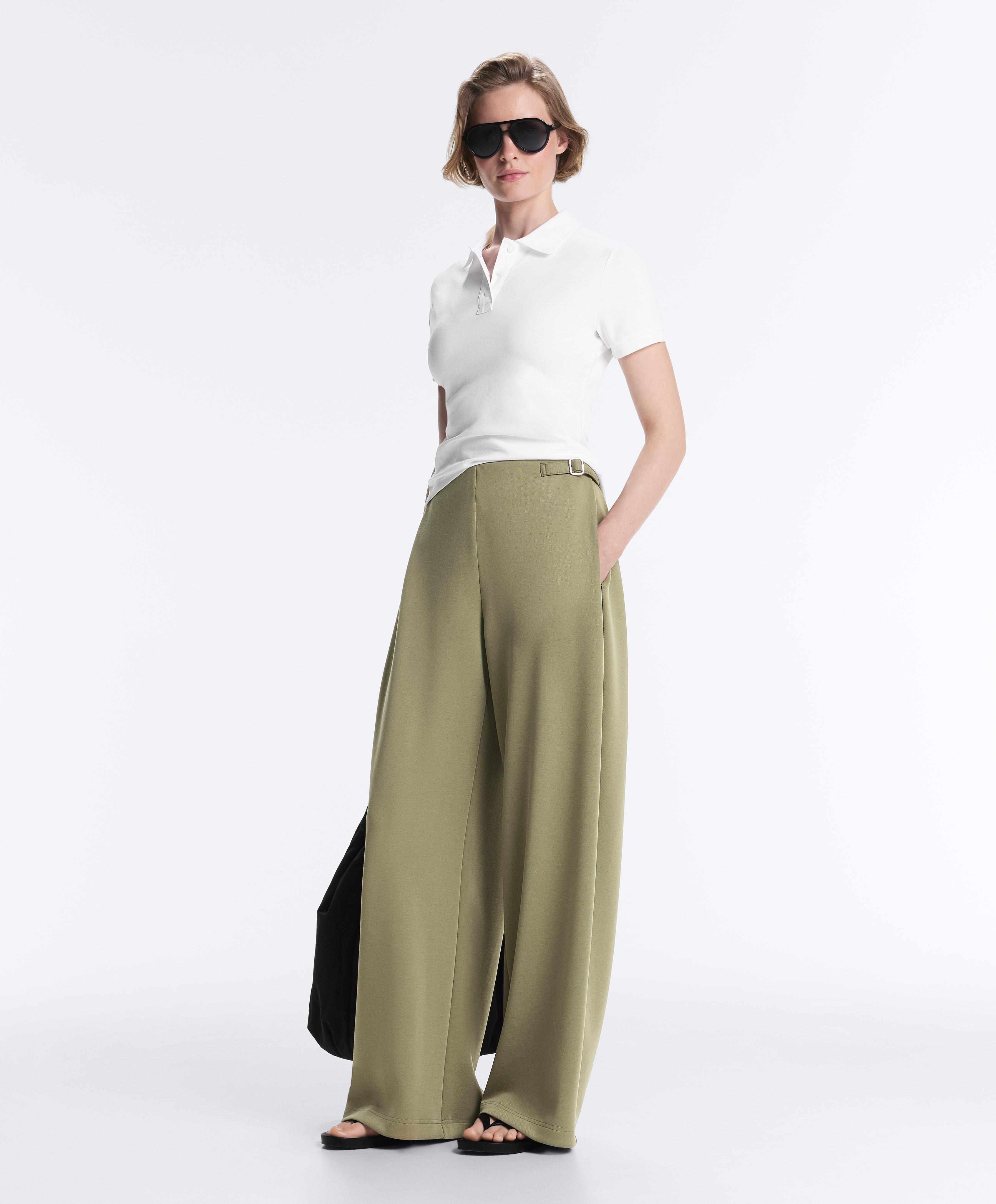 Wide-leg high rise pique trousers with buckles — YELLOW GREEN