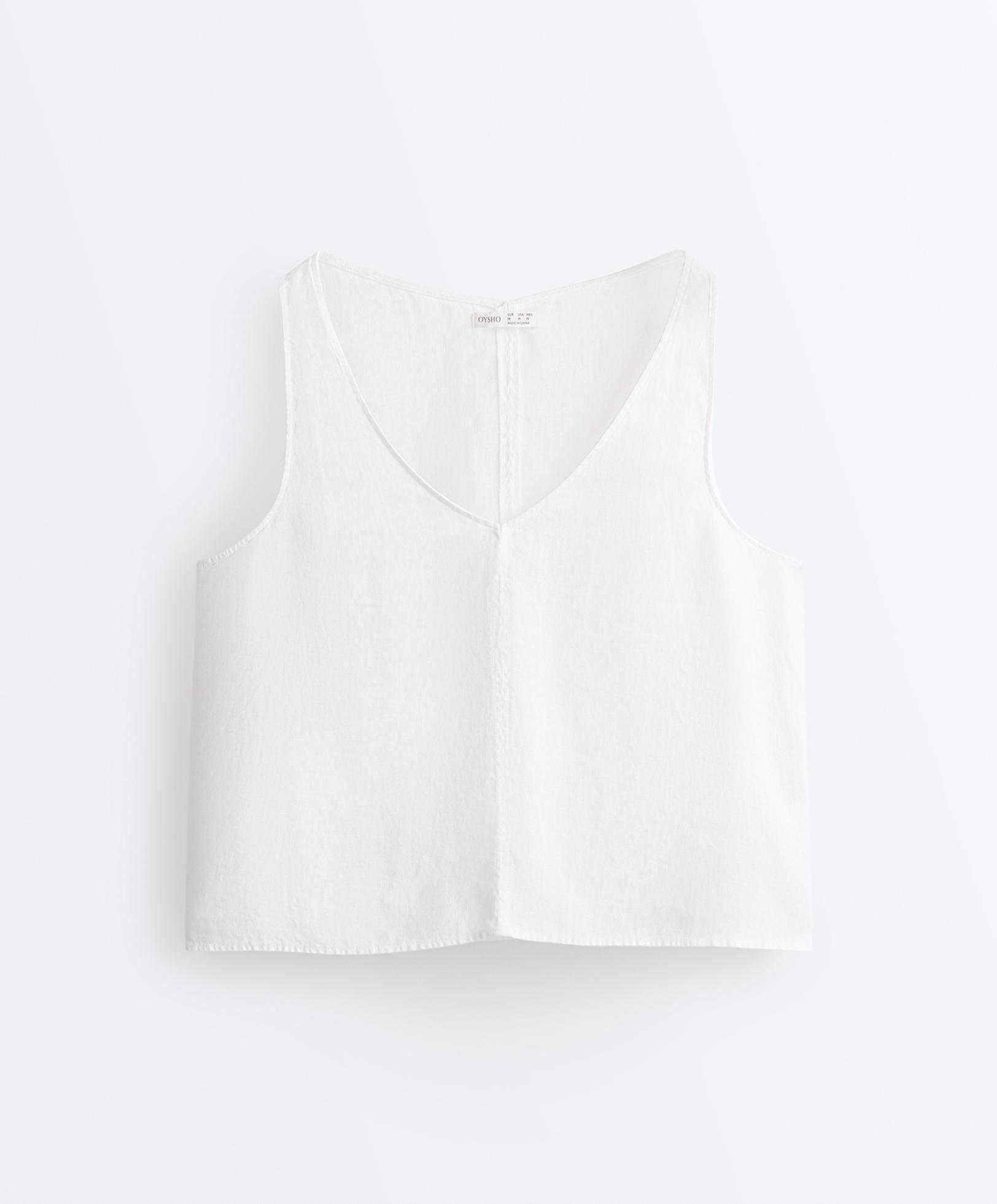 100% linen V-neck strap top — WHITE 