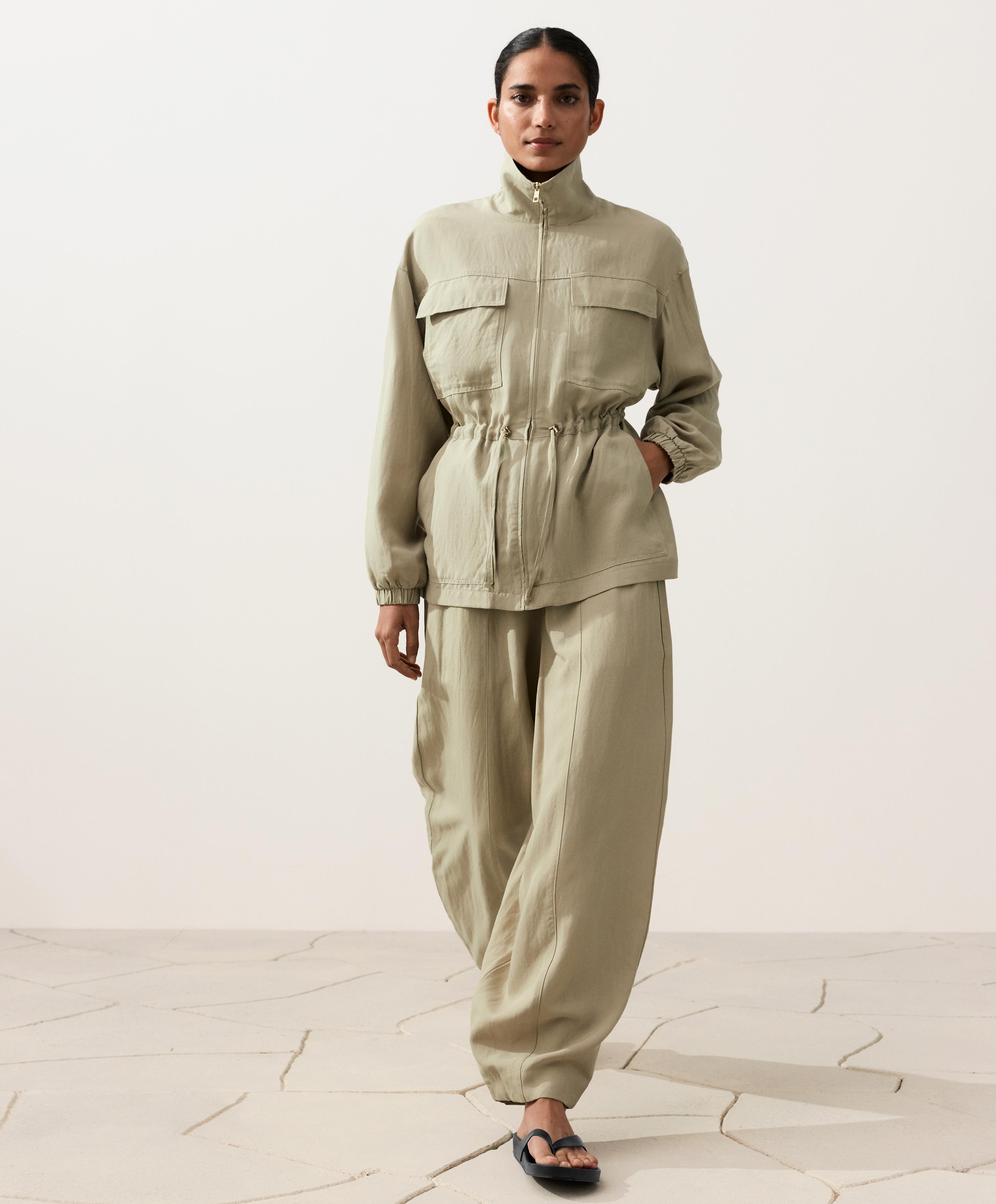 Lyocell and 24% linen blend ruched waist jacket — GREEN BEIGE