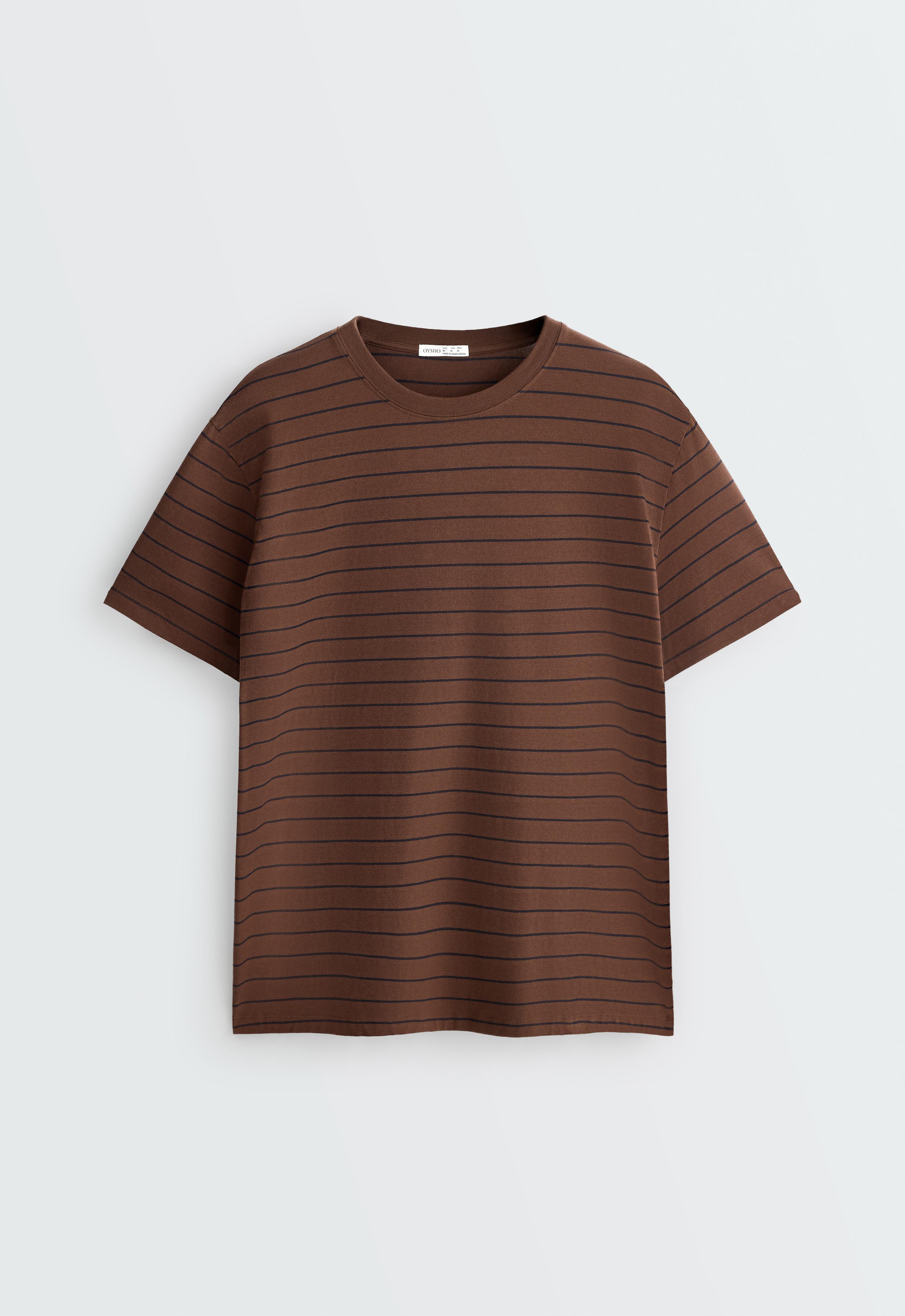 Oversize striped cotton blend short sleeve T-shirt — DARK BROWN