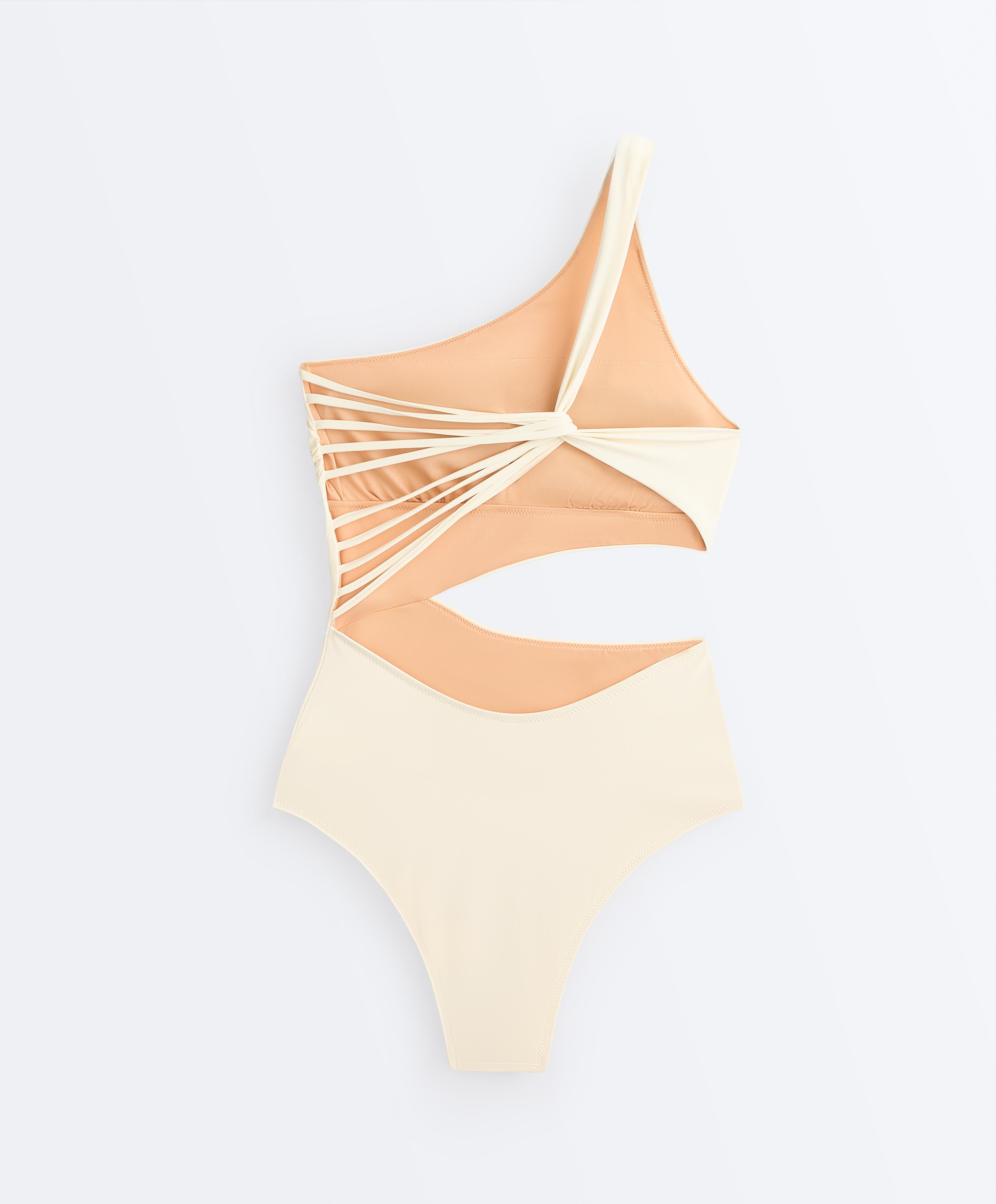 Asymmetric strap trikini — ECRU