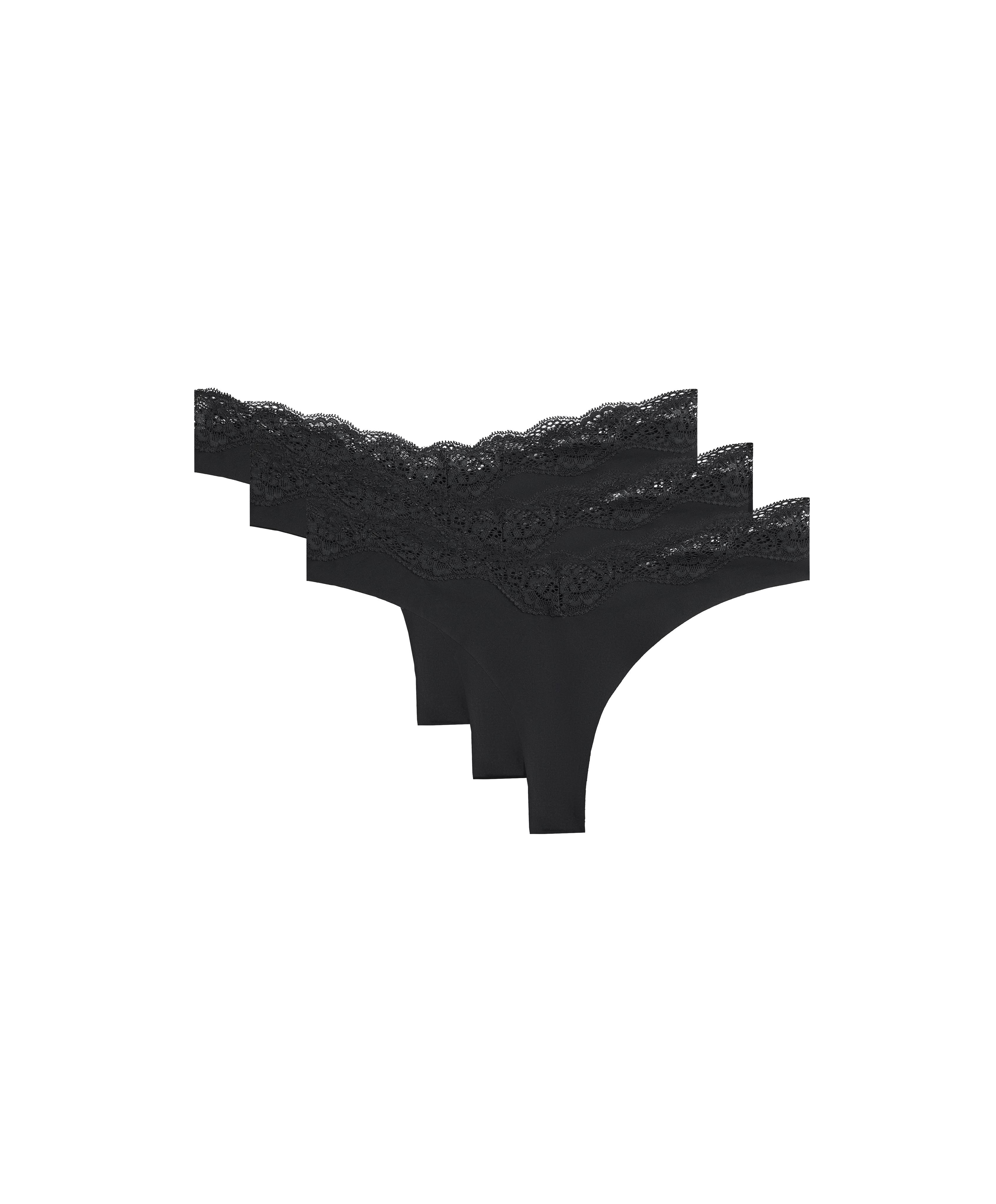 3 laser-cut V-cut lace polyamide blend thongs — BLACK