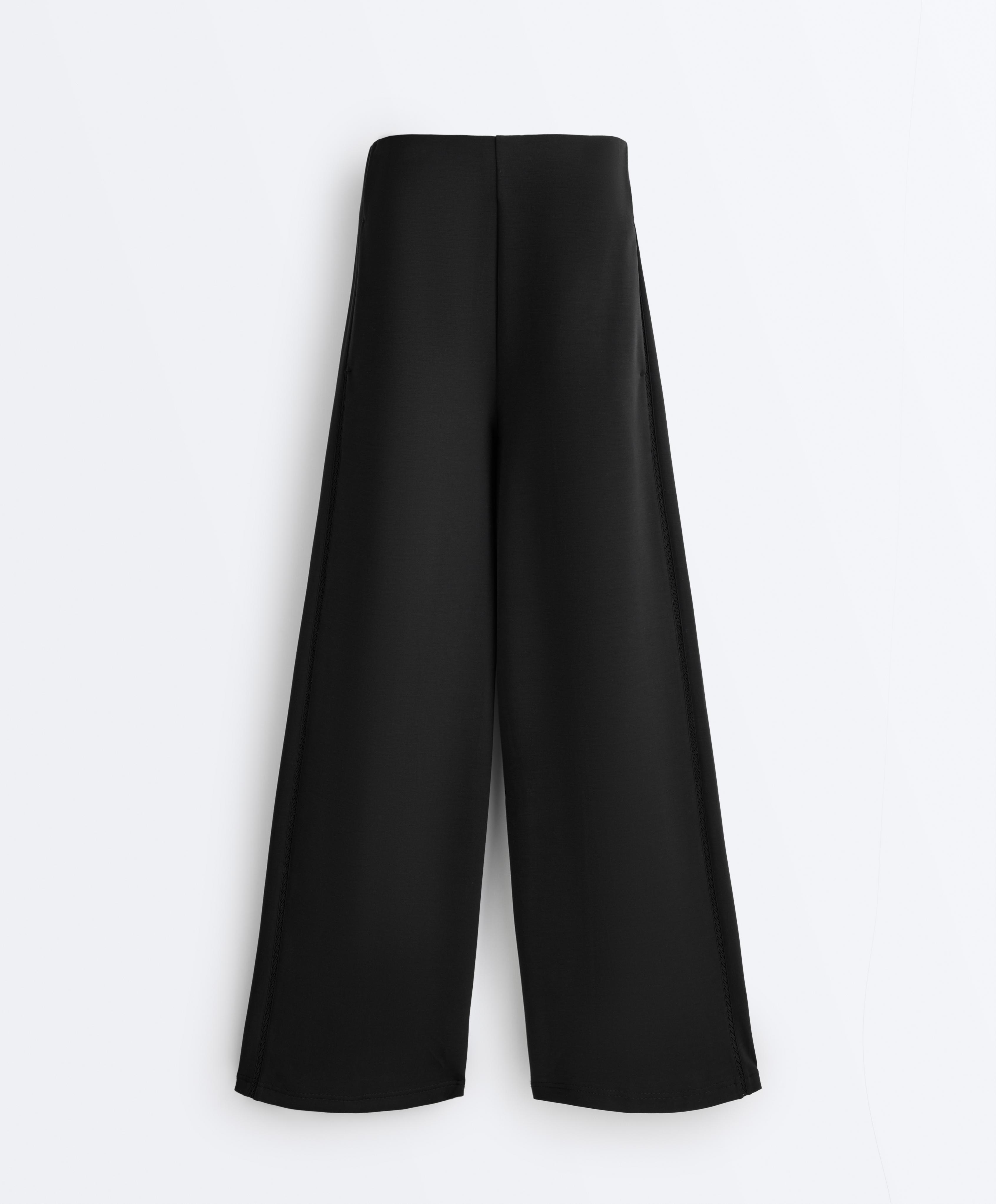 Wide-leg trousers with soft-touch modal and hemstitch — BLACK