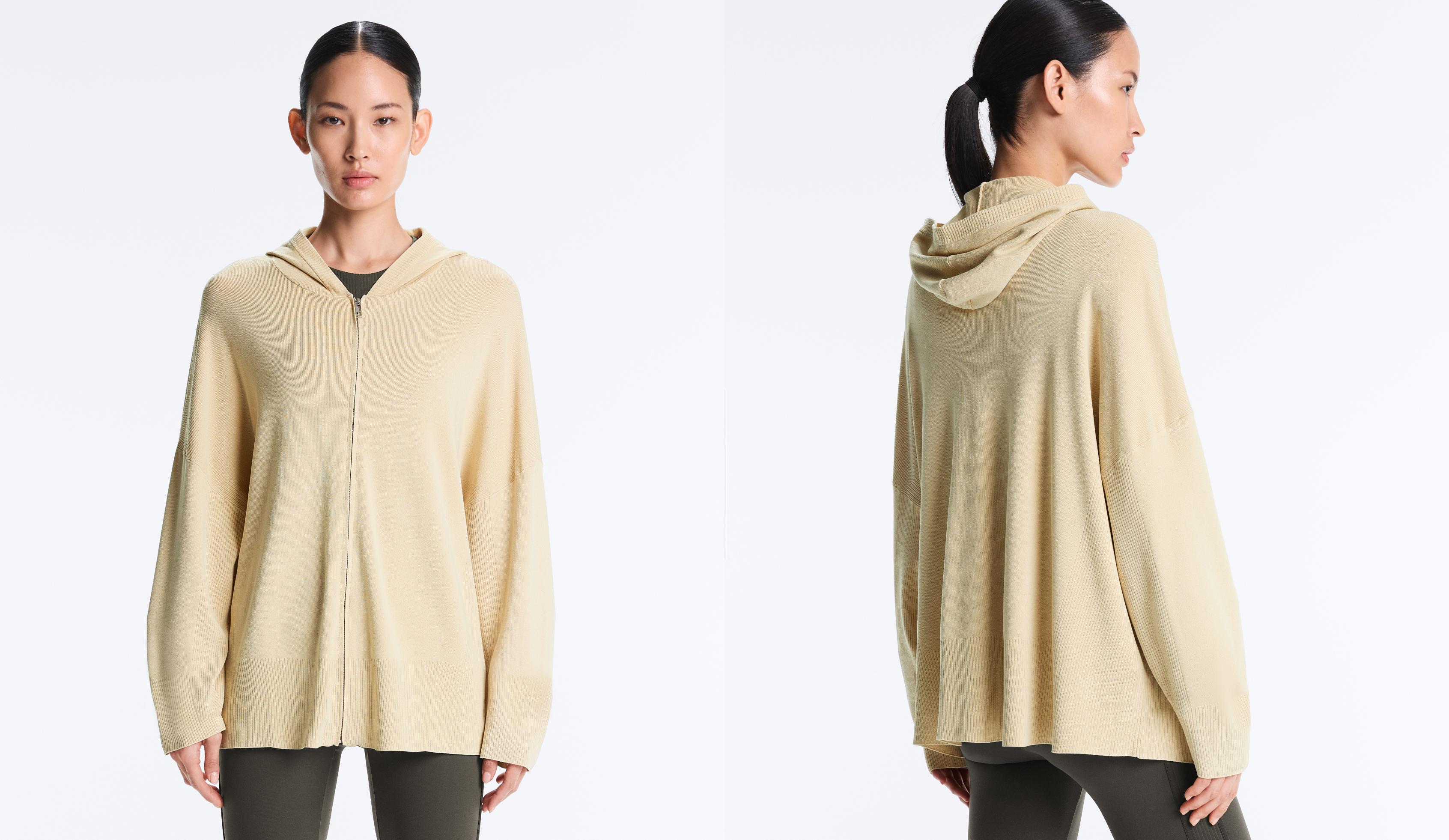 Long knit hooded jacket — BEIGE