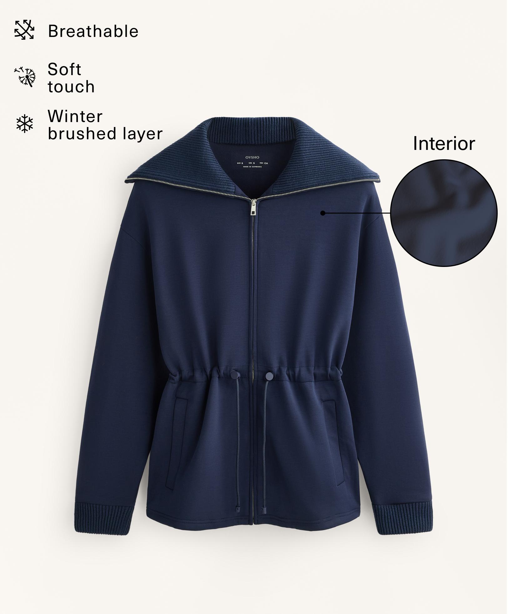 Adjustable waist knit collar jacket with brushed modal — NAVY BLUE