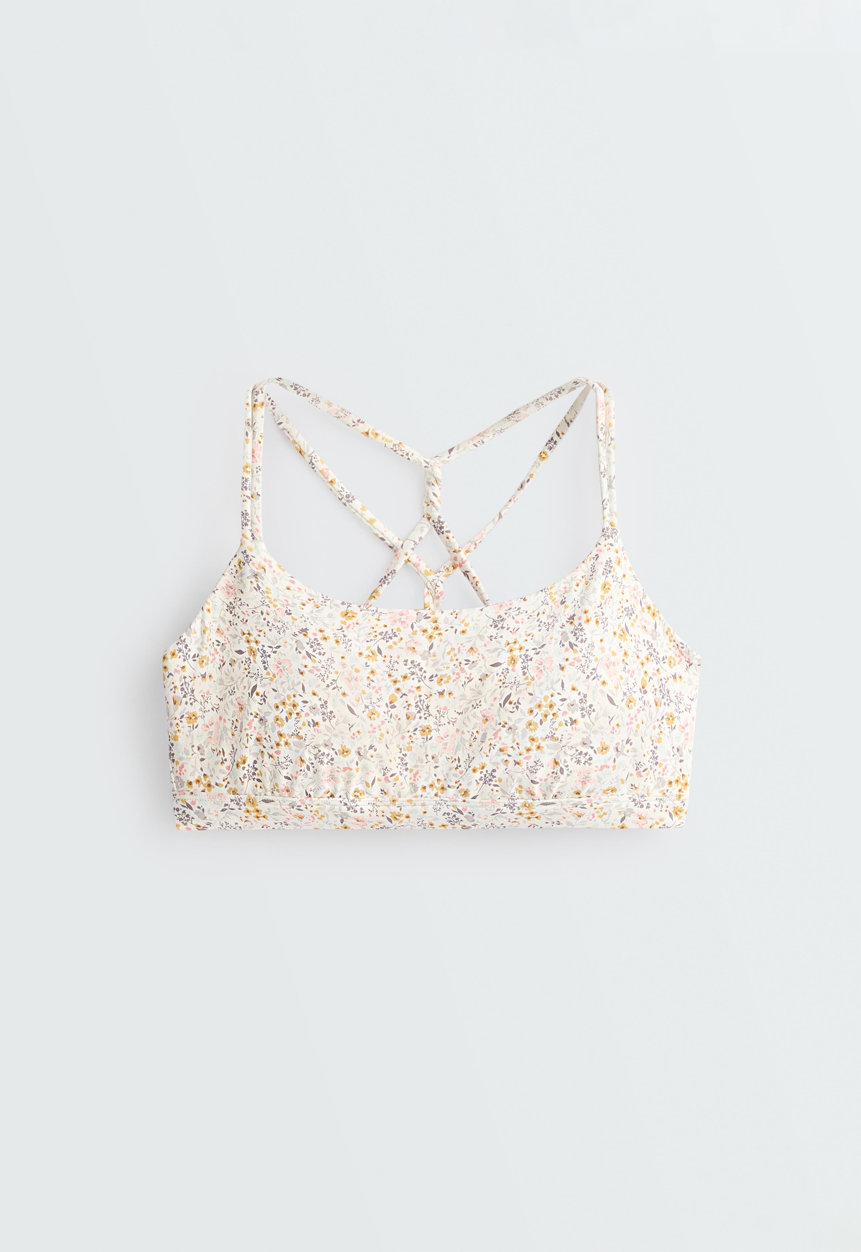 Floral print medium-support Comfortlux sports bra — PALE ECRU