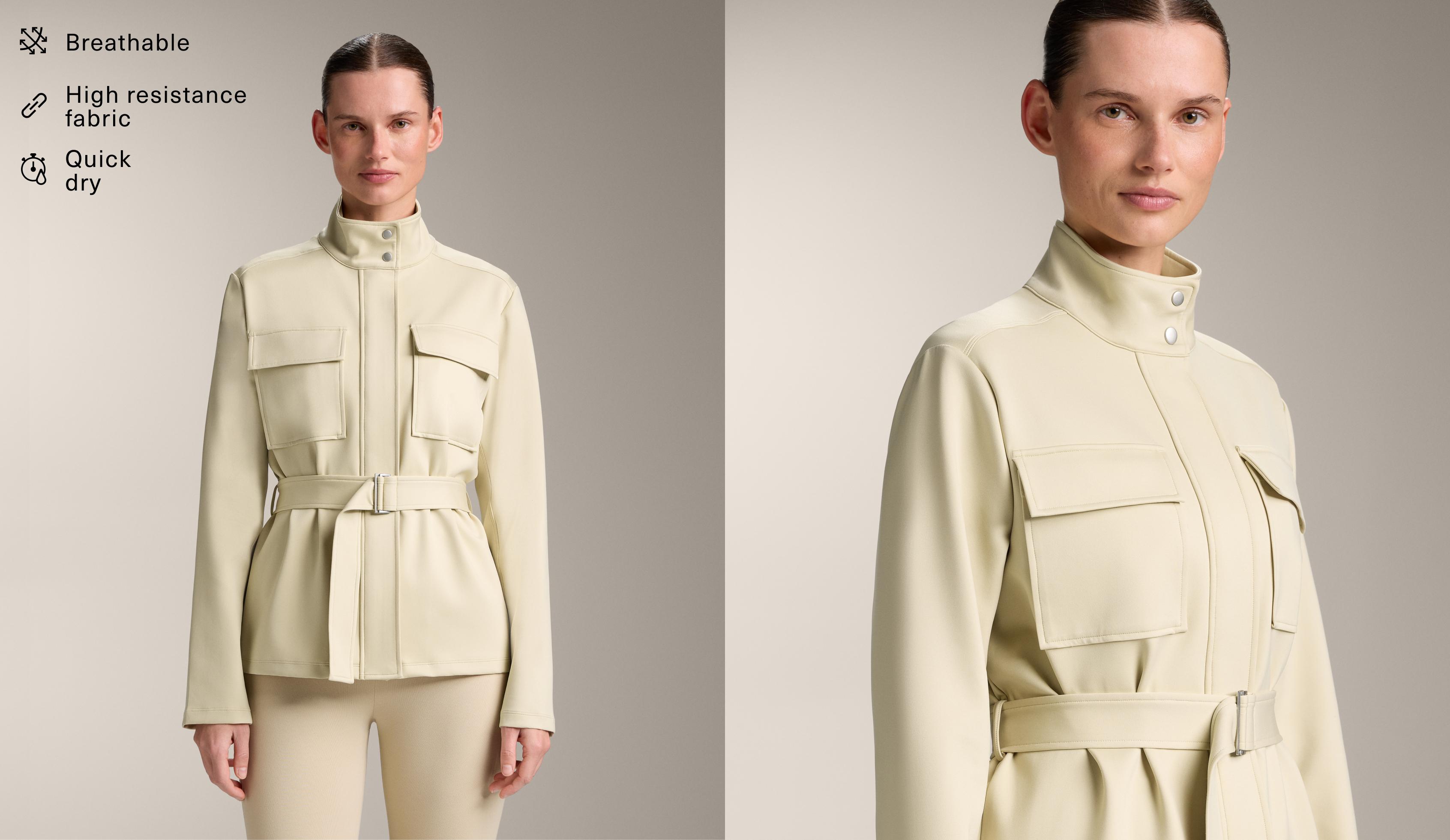 Neoprene-effect jacket with belt — PALE BEIGE MELANGE