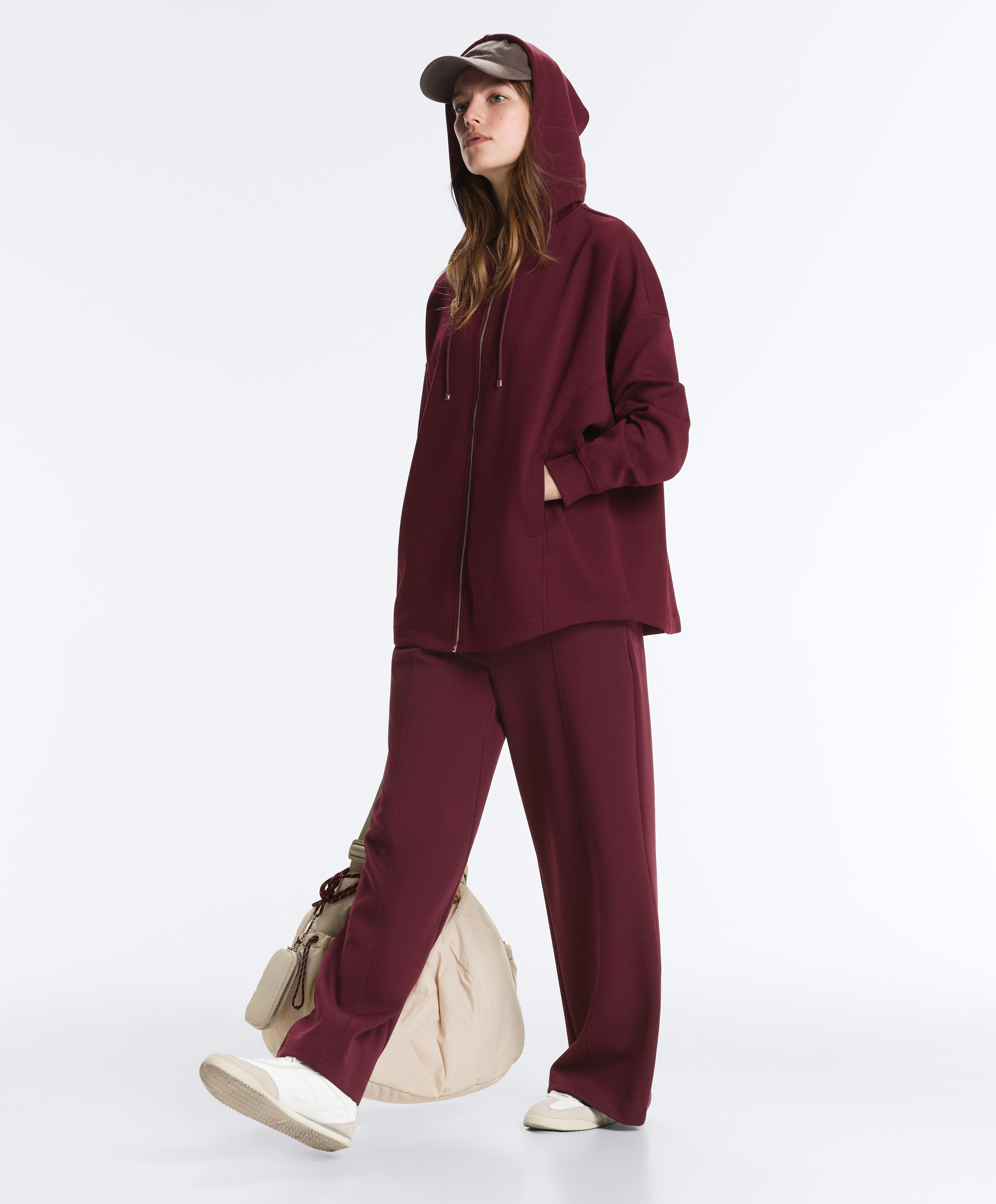 Oversize cotton piqué hooded jacket — DARK MAROON