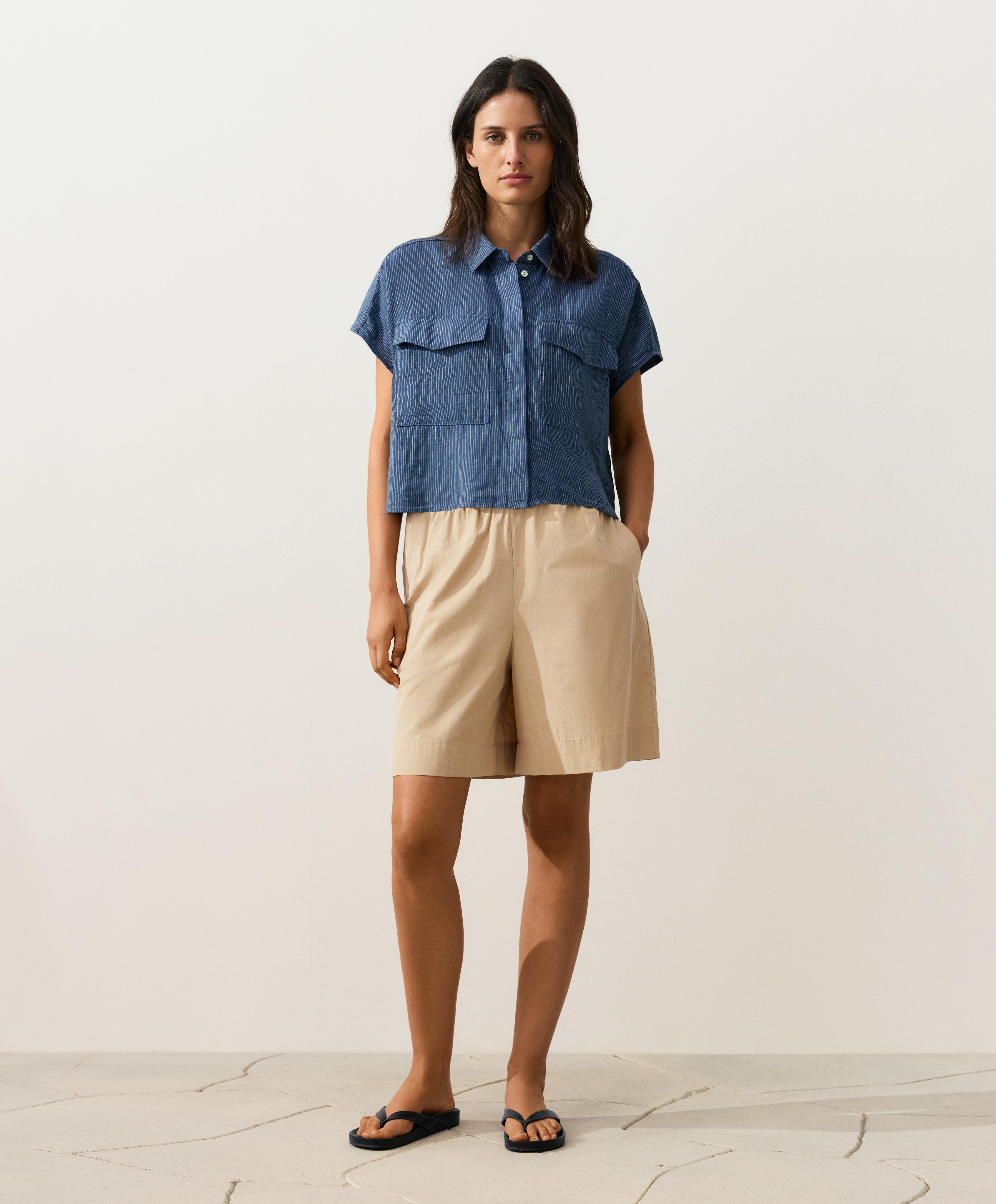 100% linen striped shirt with pockets — BLUE MELANGE