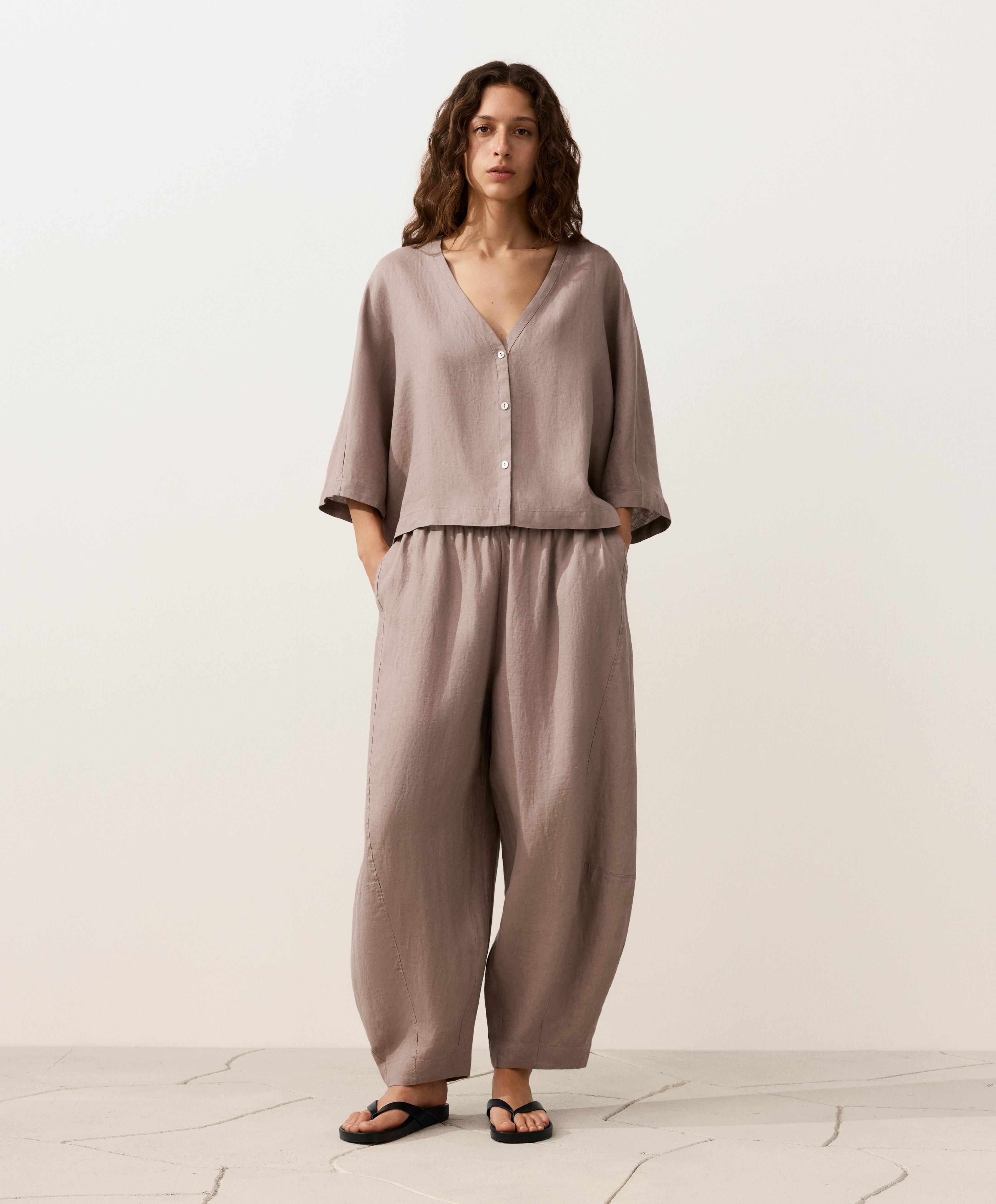 100% linen short-sleeve shirt — TAUPE-GREY