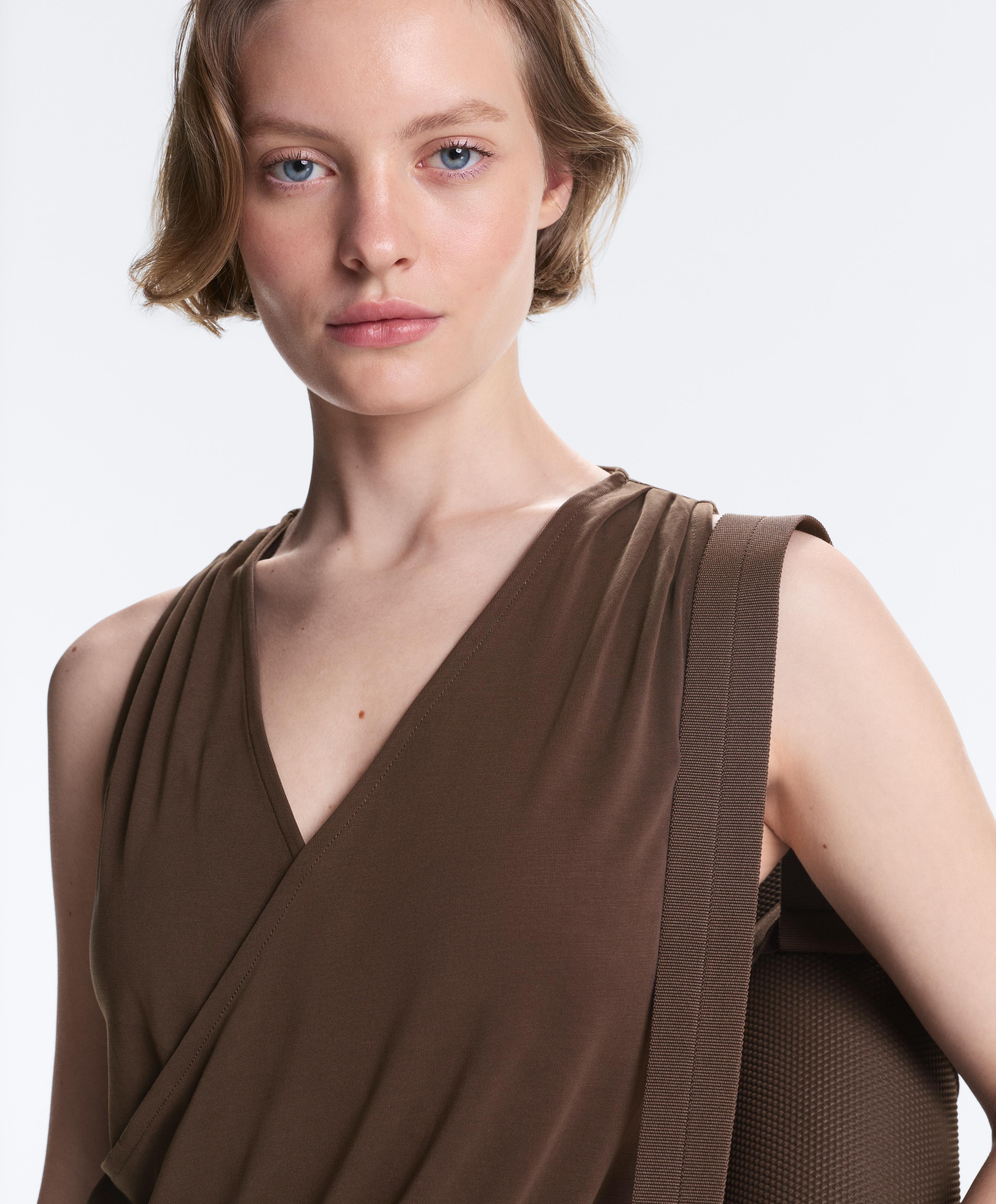 Modal blend crossover sleeveless T-shirt — DARK BROWN