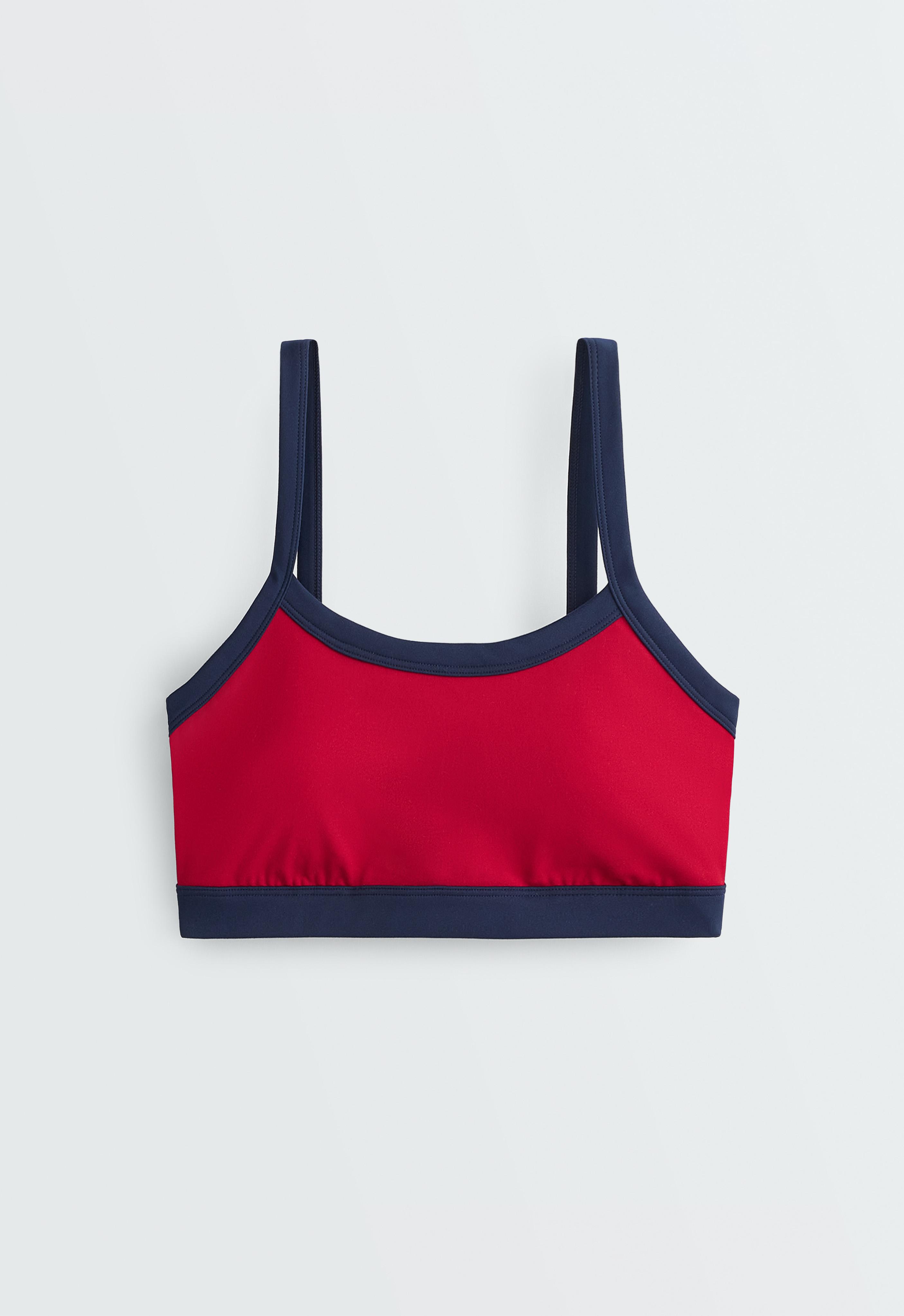 Medium-support contrast stitch Comfortlux sports bra — STRAWBERRY